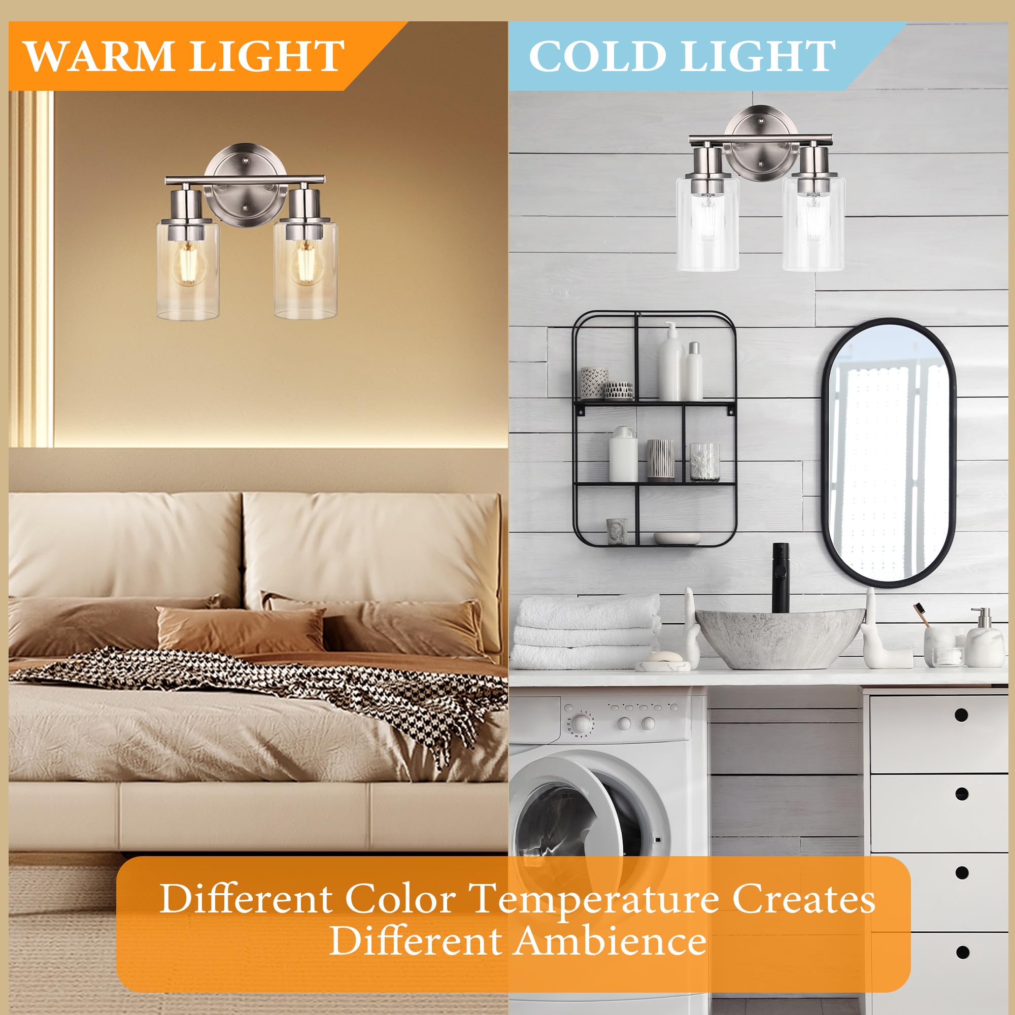 Faymart 2-Light Bathroom Wall Sconce - Brushed Nickel, Glass & Metal, Model 748327905270