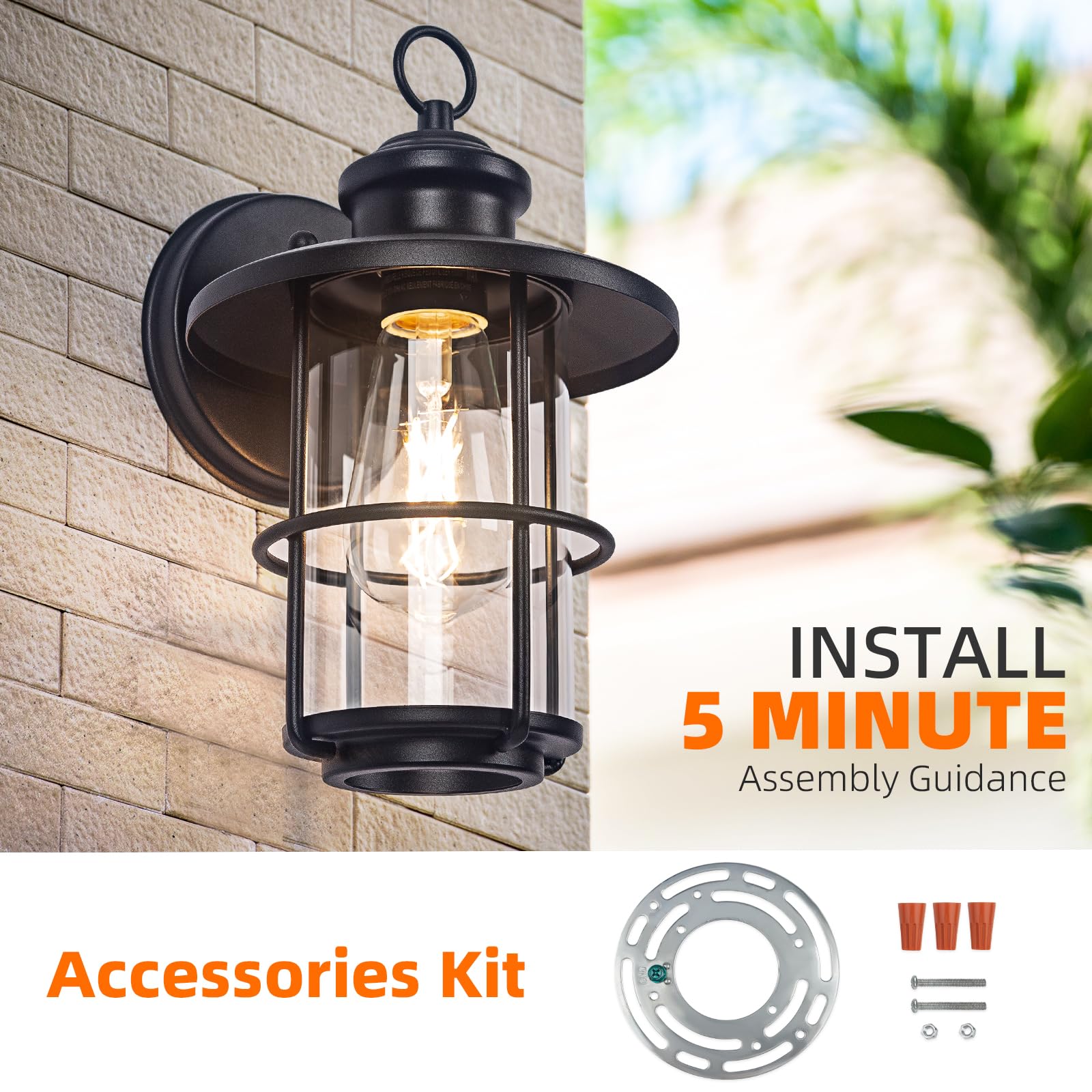 Brilvibera Outdoor Wall Sconce Light Fixture, 2 Packs, Waterproof, Black Clear Glass, Anti-Rust, E26 Base