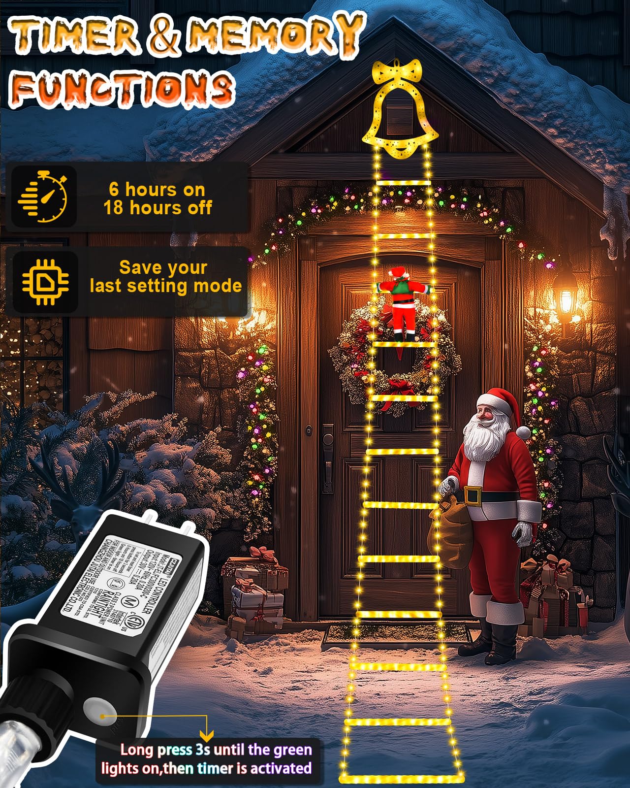 Christmas Decorations Led Ladder Lights, 10Ft Decorative Light With Climbing Santa Claus, 8 Modes Xmas Giant Lights For Tree Ind