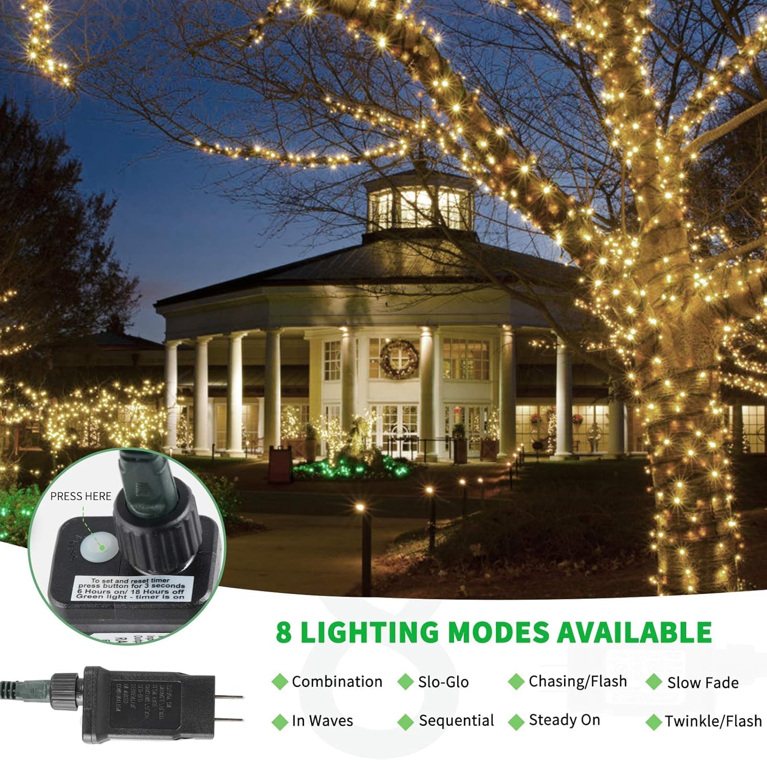 Tcamp 306FT 1000 LED Christmas Lights, Warm White, 8 Modes, Timer, Green Wire, Model QL300AE