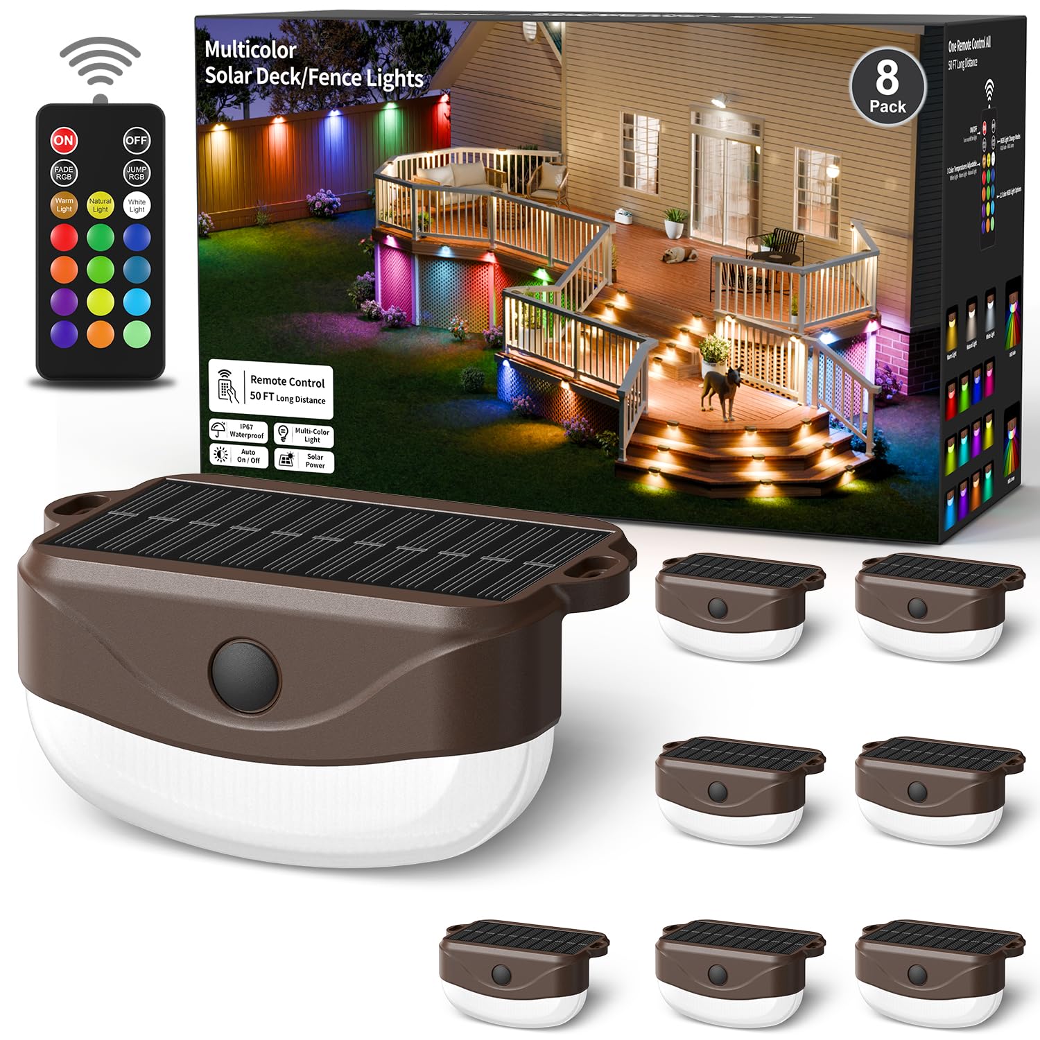 Hicotet Solar Fence Lights, Remote Control, 15 Multi Colors, IP67 Waterproof, 8 Pack, Brown, Model LNM-WLD-01