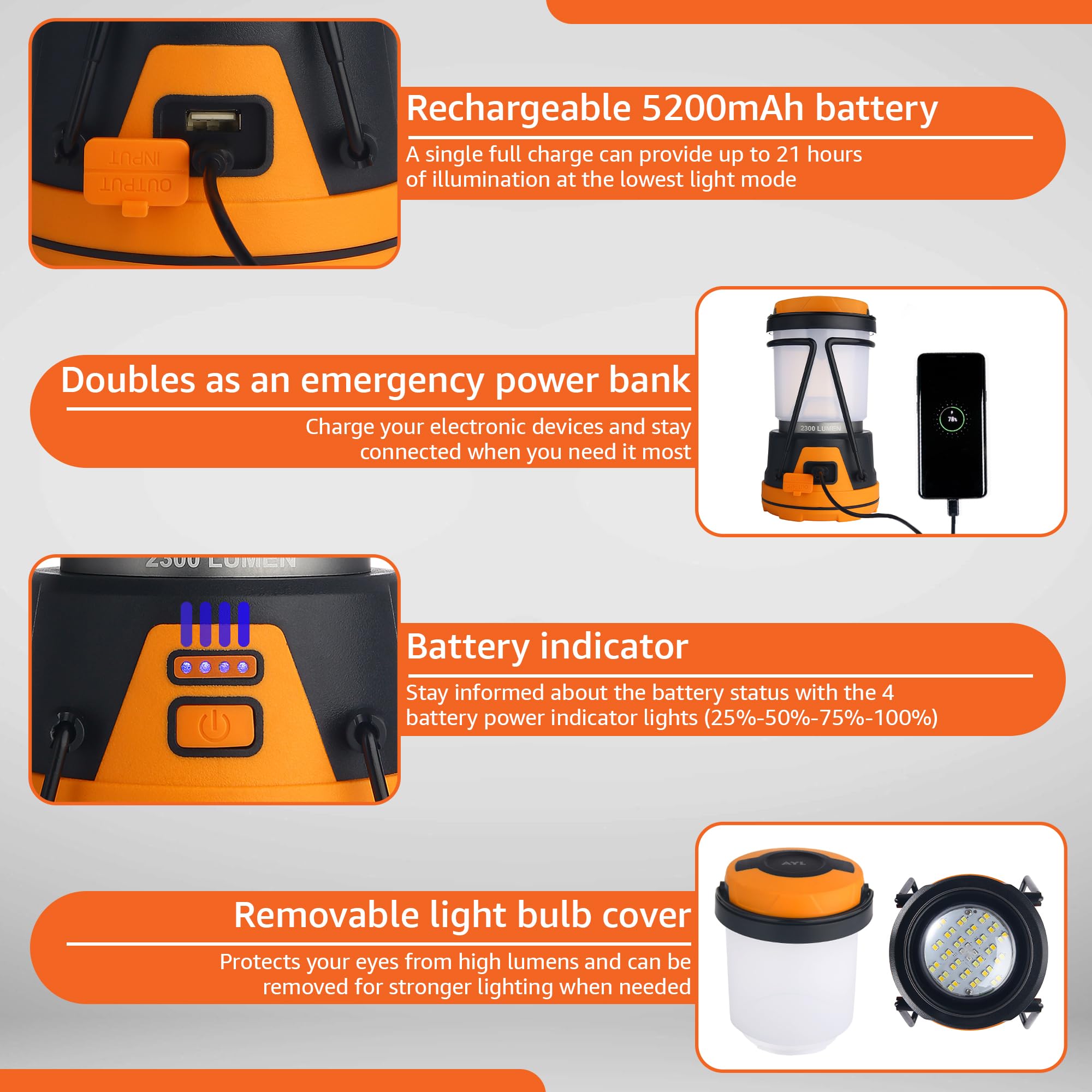 AYL Rechargeable LED Camping Lantern - 2300 Lumens, Waterproof, Black and Orange, Model RESL688, Perfect for Emergencies and Outdoor Use