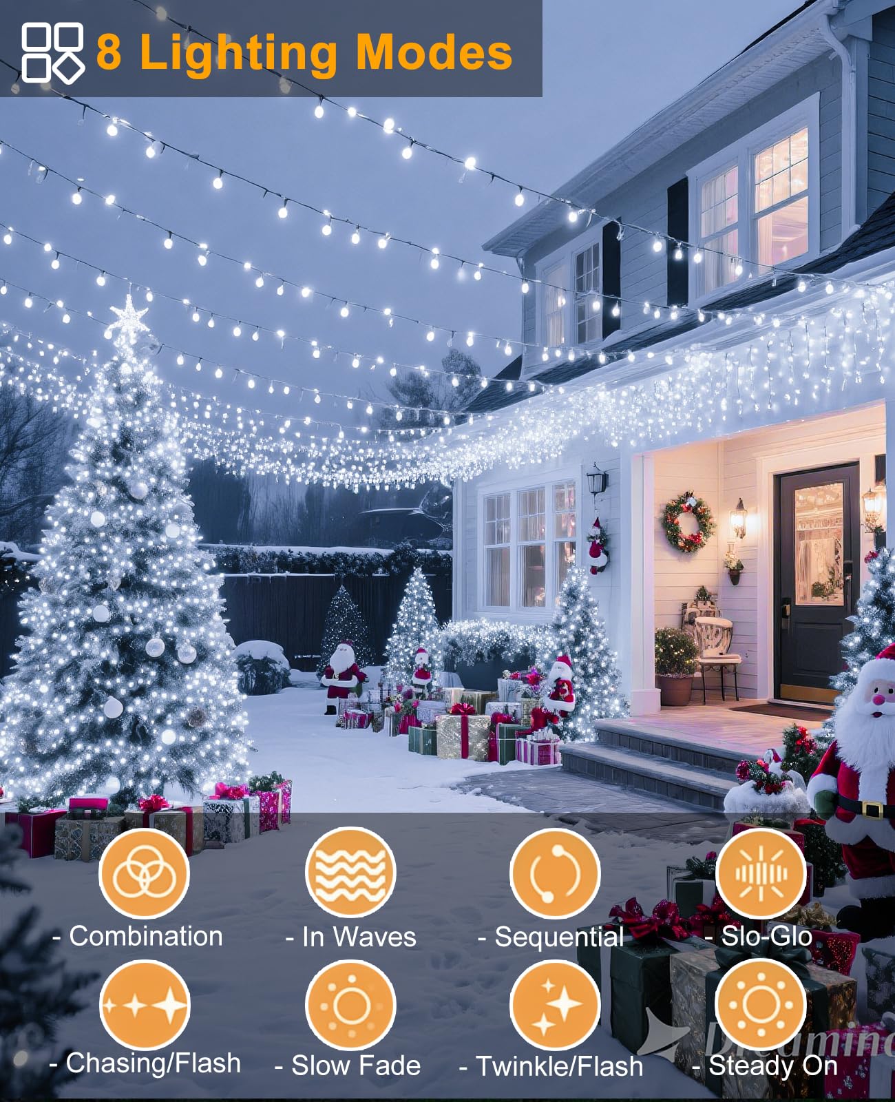 197Ft 600 Led Christmas Lights Outdoor  Plug In Christmas Tree Lights 8 Modes  Waterproof Green Wire String Twinkle Lights For Indoor House Patio Yard Party Wedding Holiday Decorations  White