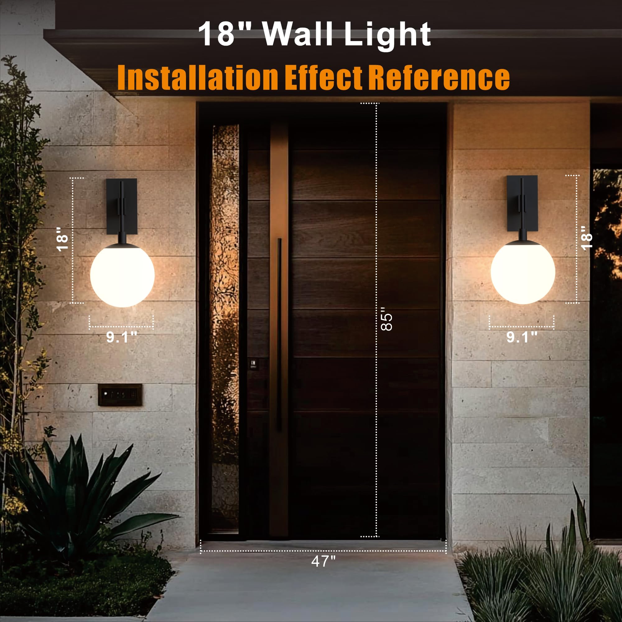 Hyunbae Outdoor Wall Sconce - 18.9" Waterproof Exterior Light Fixture, Large White Globe Glass for Porch, Model HY-ROUND1