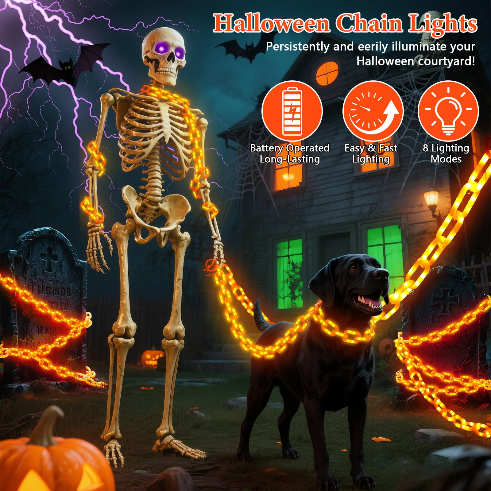 10Ft Battery Halloween Chain String Lights  Waterproof Orange Plastic Chain Lights For Halloween Decorations Indoor/Outdoor  8 Lighting Modes  Led Halloween Lights For Skeleton Dog  Lawn Porch Decor
