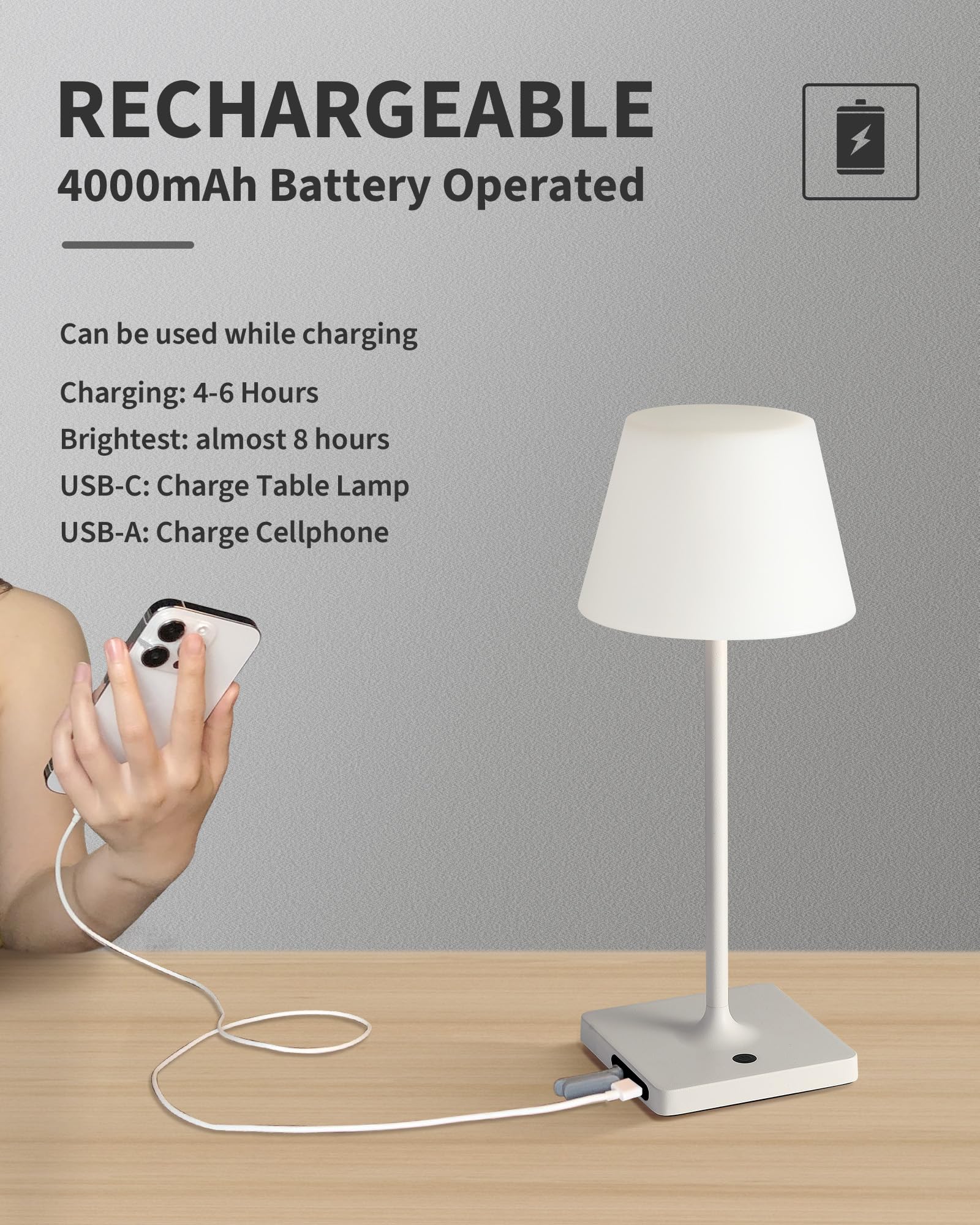 Newsee 14.5'' Small Cordless Touch Table Lamp White, Waterproof Shower Lamp Set Of 2, 4000Mah Rechargeable Battery Powered Dimma