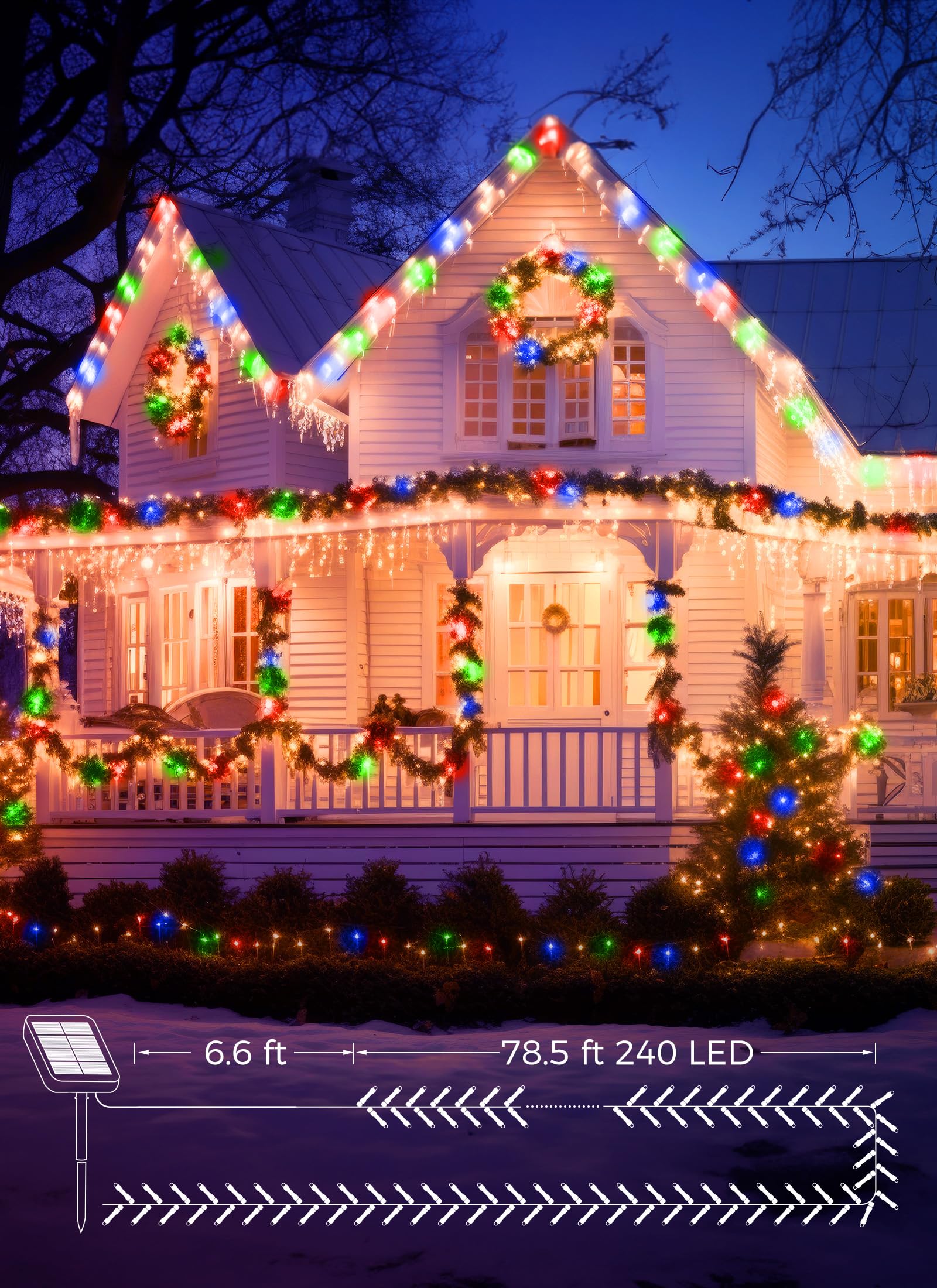 Brightown Solar String Lights, 200LED Multicolor, 72Ft Each, 2 Pack, Waterproof, 8 Modes, Green Wire, Outdoor Christmas Decor