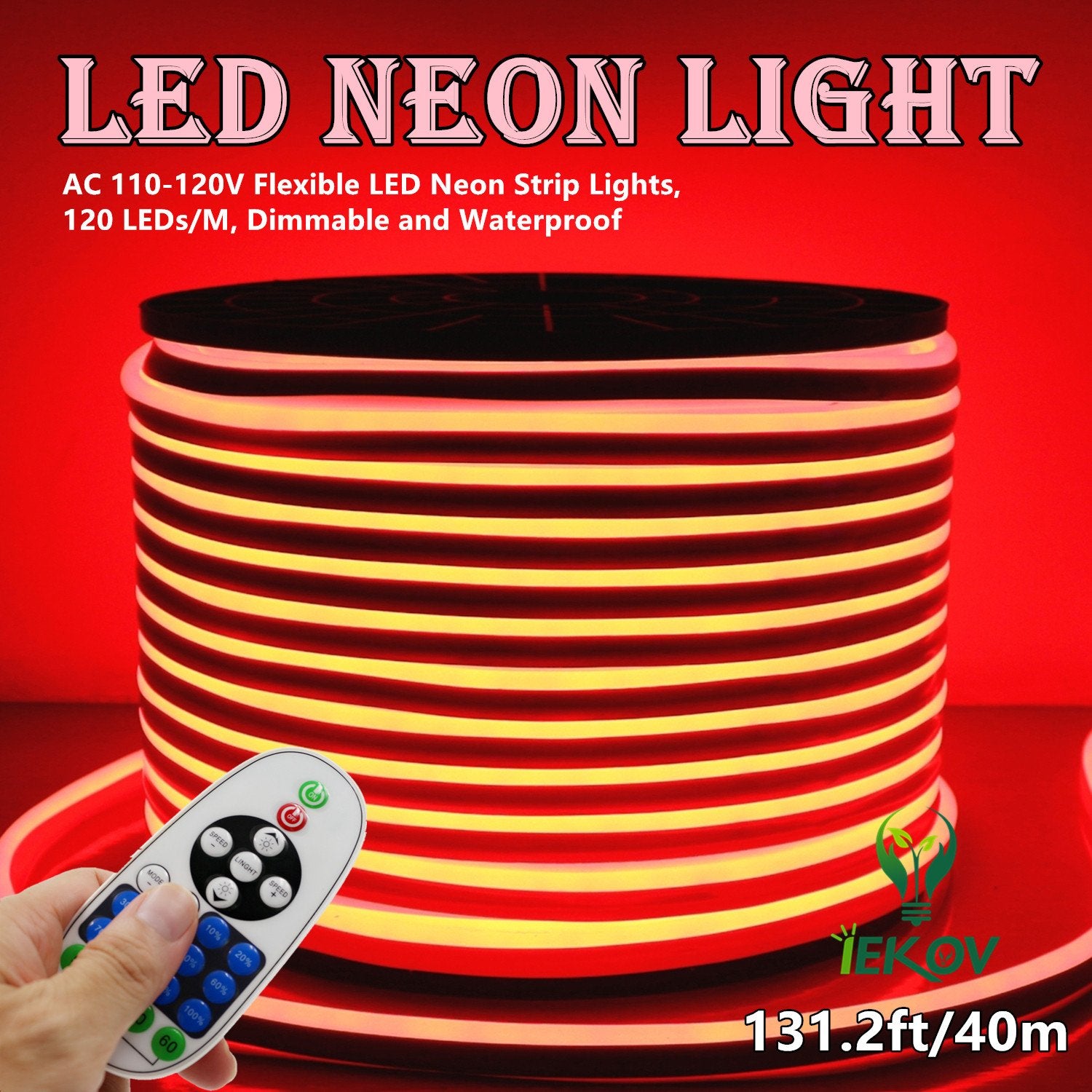 IEKOV LED Neon Light, Flexible Waterproof Rope Light, Dimmable, 40m/131.2ft, Red, Model NEON LIGHT-R-40M