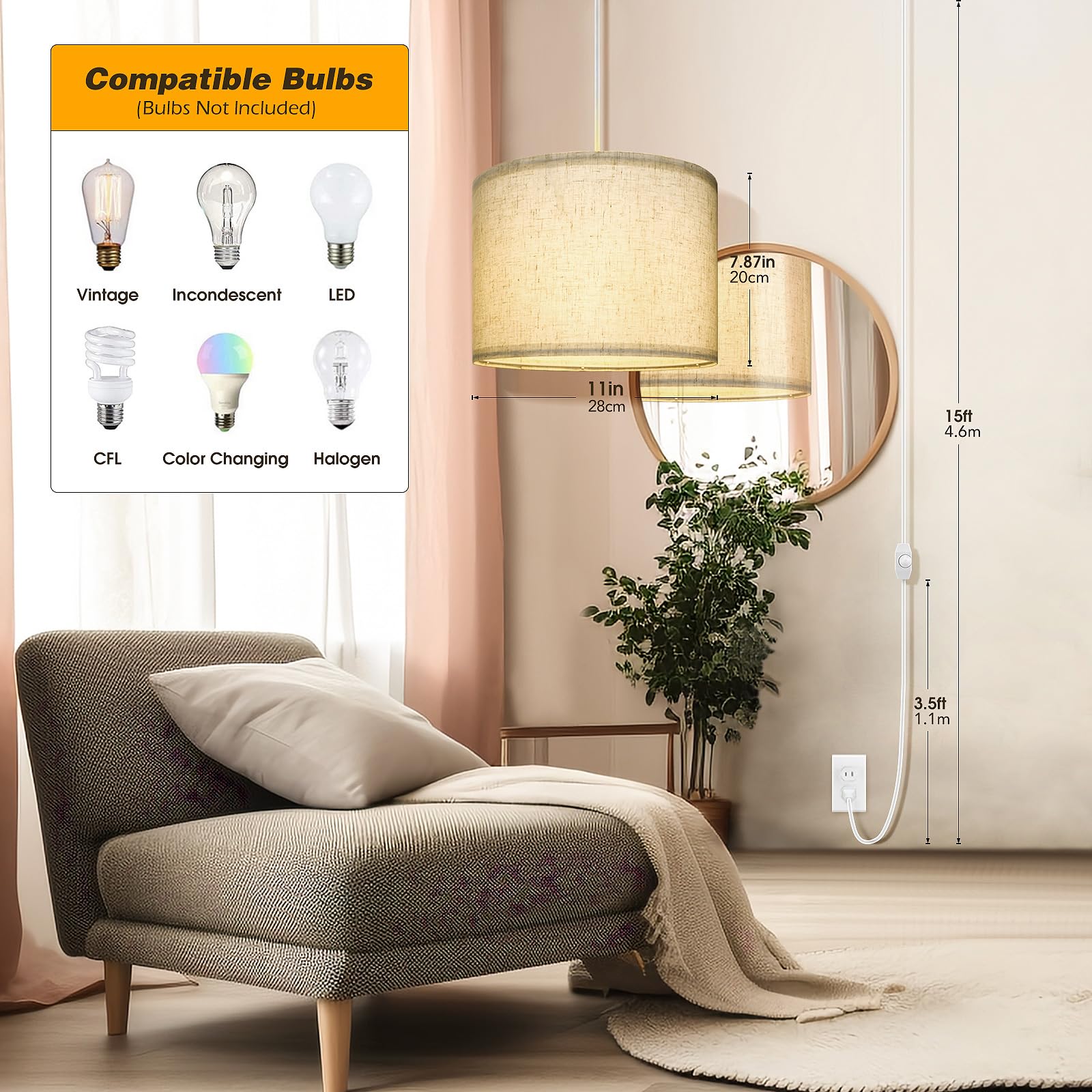 Wimisom Plug In Pendant Light,15 Ft Hanging Lamp With Plug In Cord, Dimmable Switch, Pendant Lighting With Fabric Shade, Hanging