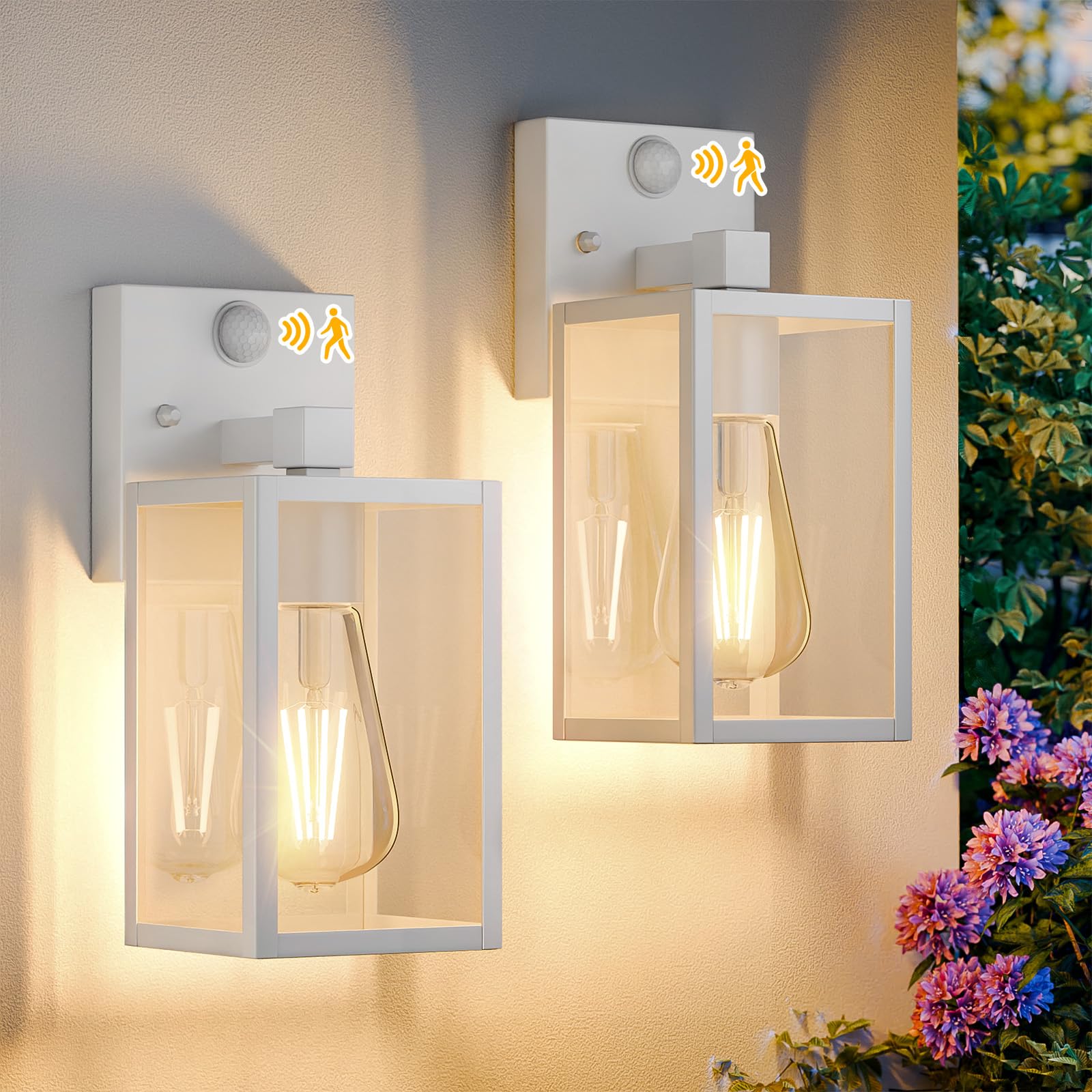 2 Pack White Motion Sensor Outdoor Light Fixtures Wall Mount  Dusk to Dawn Front Porch Lights for House  Exterior Wall Sconce  Waterproof Lantern Lamp Outside Coach Light for Garage Entryway Yard