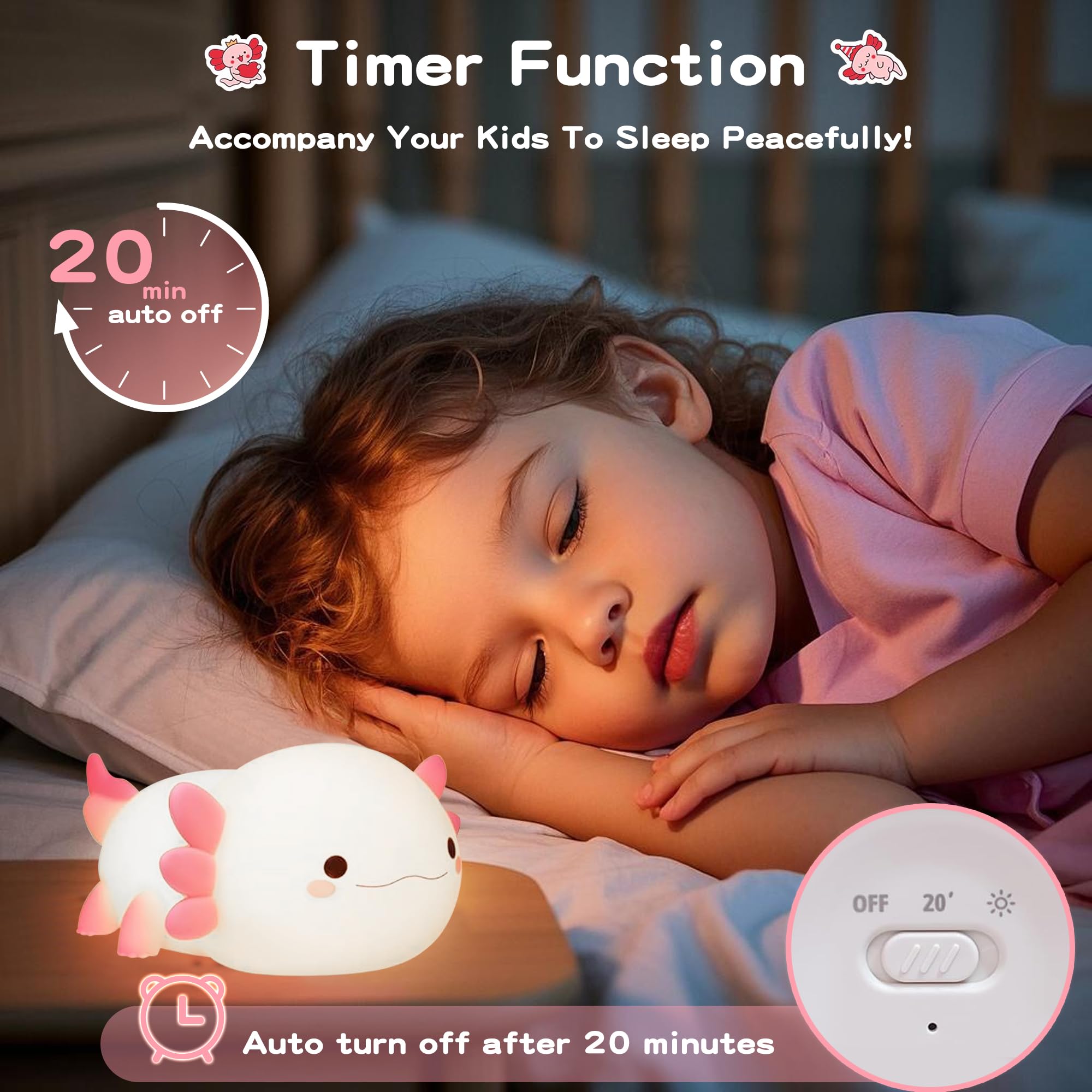 MOKYDUO Axolotl Night Light for Kids, 2-Level Adjustable Brightness, Touch Control, 20-Min Timer, Safe & Soft Silicone, Cute, Cu