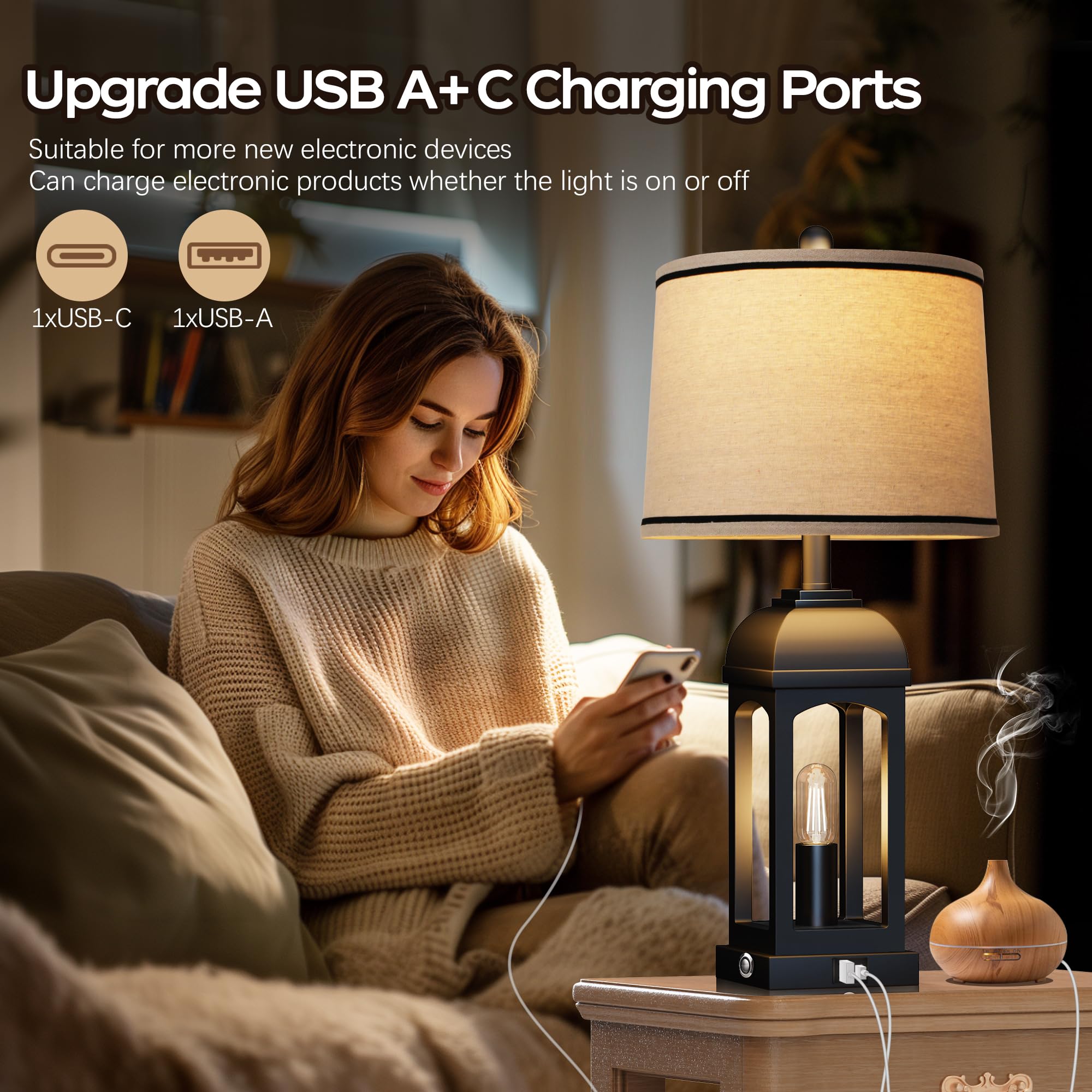 QiMH Rustic Table Lamp - 26" Touch Control, USB A+C, 3-Way Dimmable, Black, 1 Pack for Living Room & Bedroom