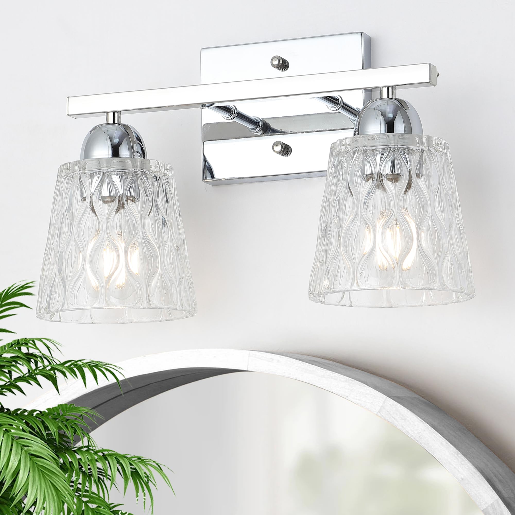 Mecgirn Stainless Steel 2 Light Bathroom Vanity Light, Silver Chrome Bathroom Light Fixtures With Textured Glass Shades, Modern Vanity Lighting Wall Mount Over Mirror