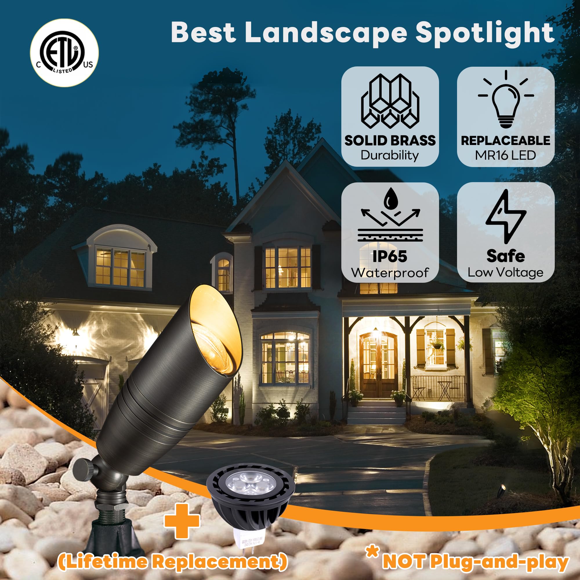 Gardenreet Die-Cast Brass Spot Light Outdoor - 12V Led Uplighting Waterproof, Low Voltage Landscape Lights Direct Wire, Bronze For Fence Fountain With Warm White Mr16 Replaceable Bulbs (12 Pack)