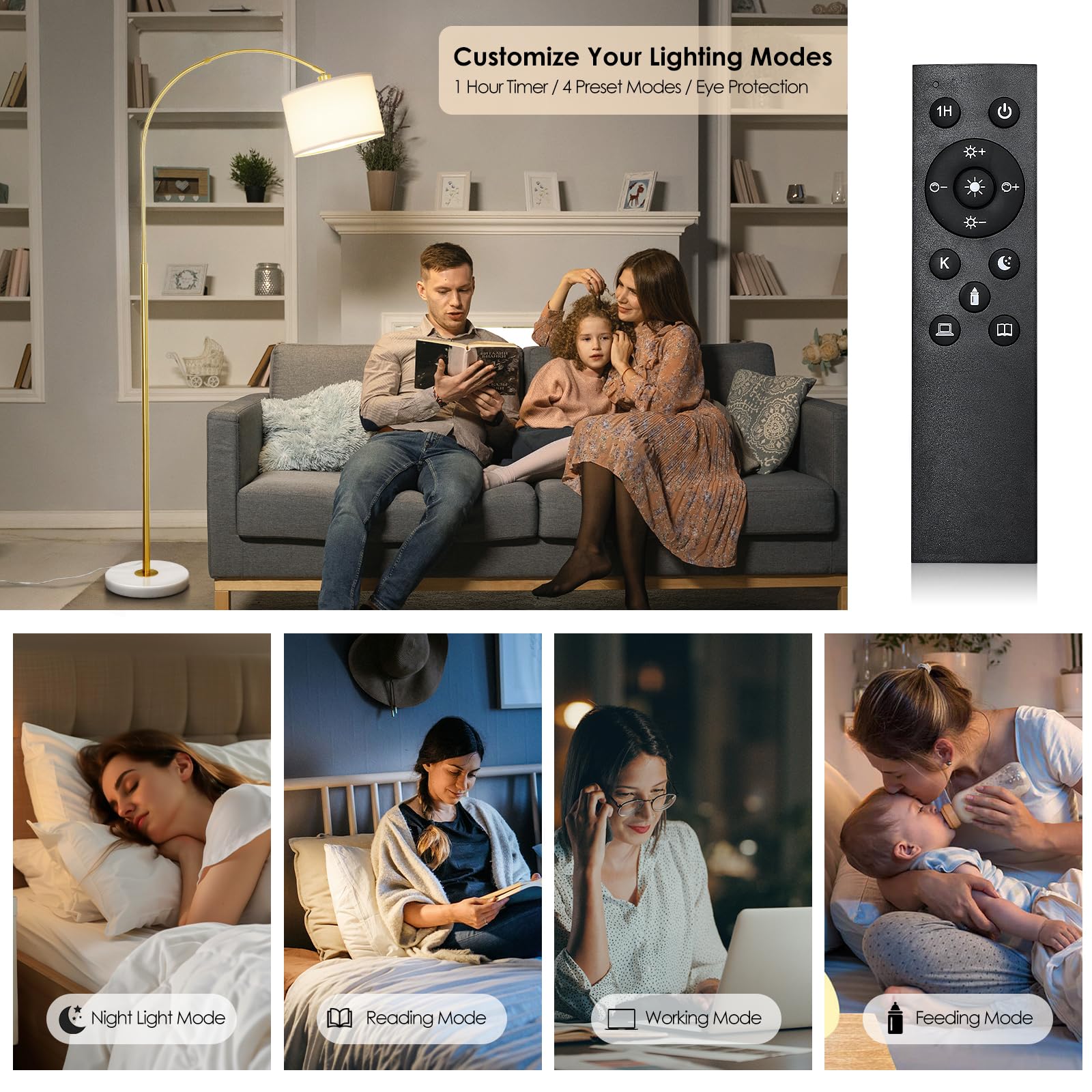 Arc Floor Lamp With Remote, Modern Standing Lamp For Living Room With Stepless Dimmable Bulb, Drum Shade, Foot Switch, Tall Floo