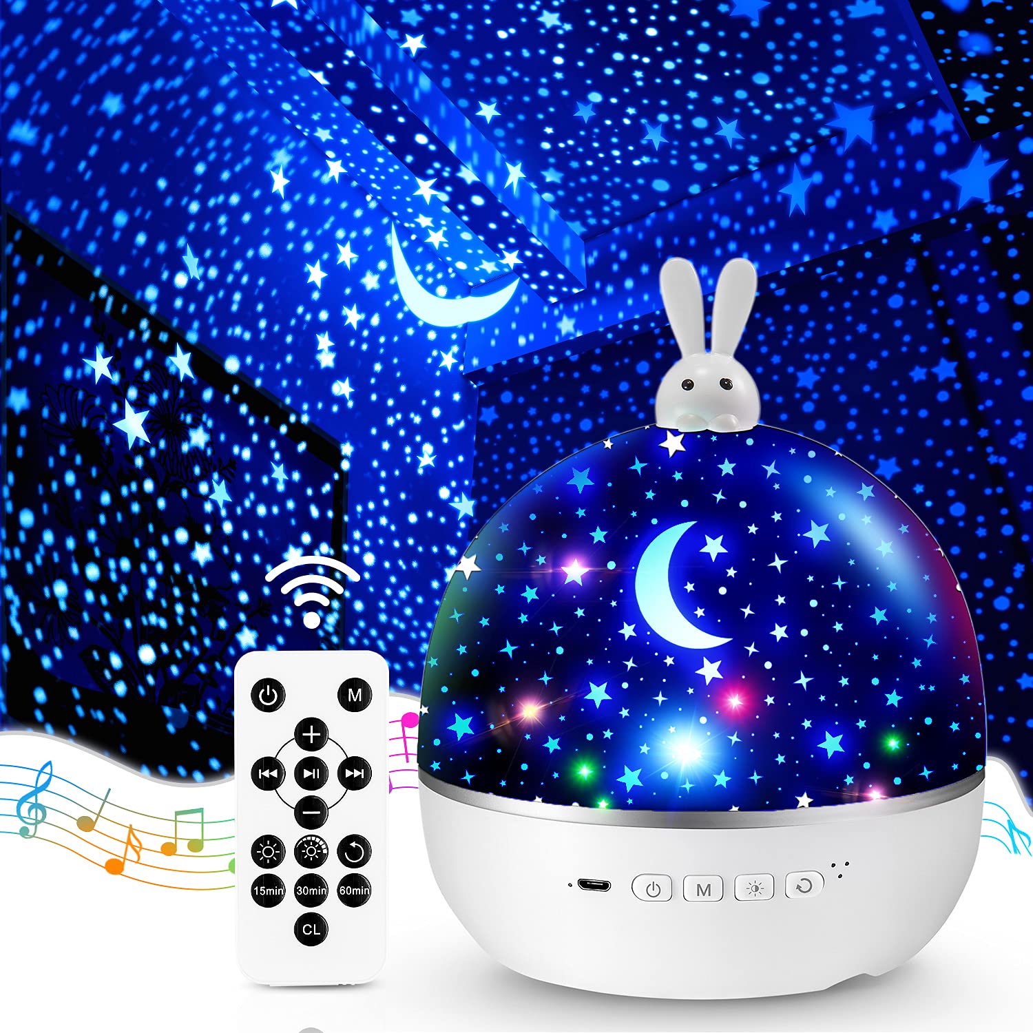 Onefire Night Light Projector For Kids - 15 Films, Bluetooth Music, Remote Dimmable, Rechargeable