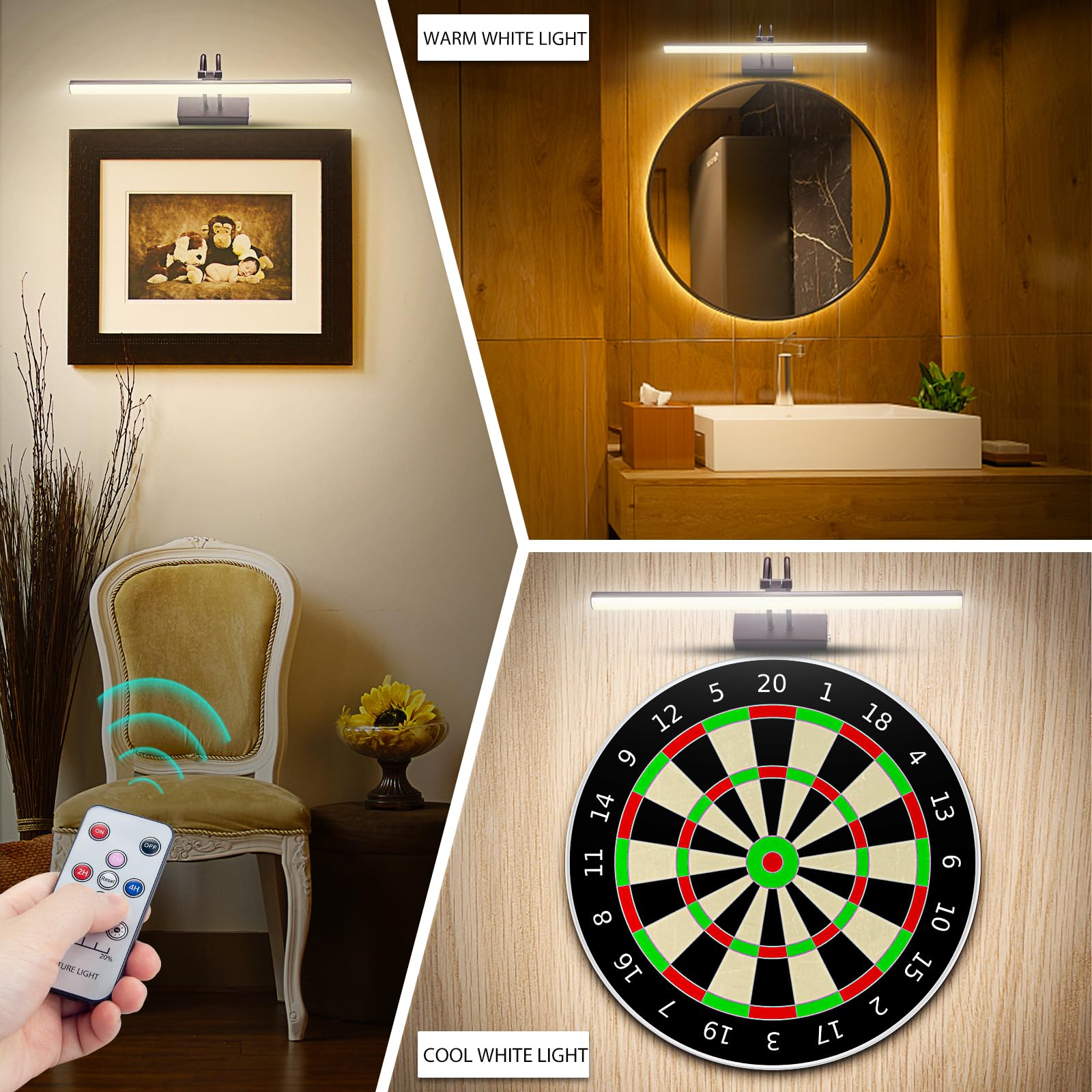 Raifoolly Picture Light,2 Colors Art Lights For Paintings,16&quot; Battery Operated Wall Light,Remote Control Accent Light With Timer And Dimmable For Frame,Portrait,Dartboard-Black