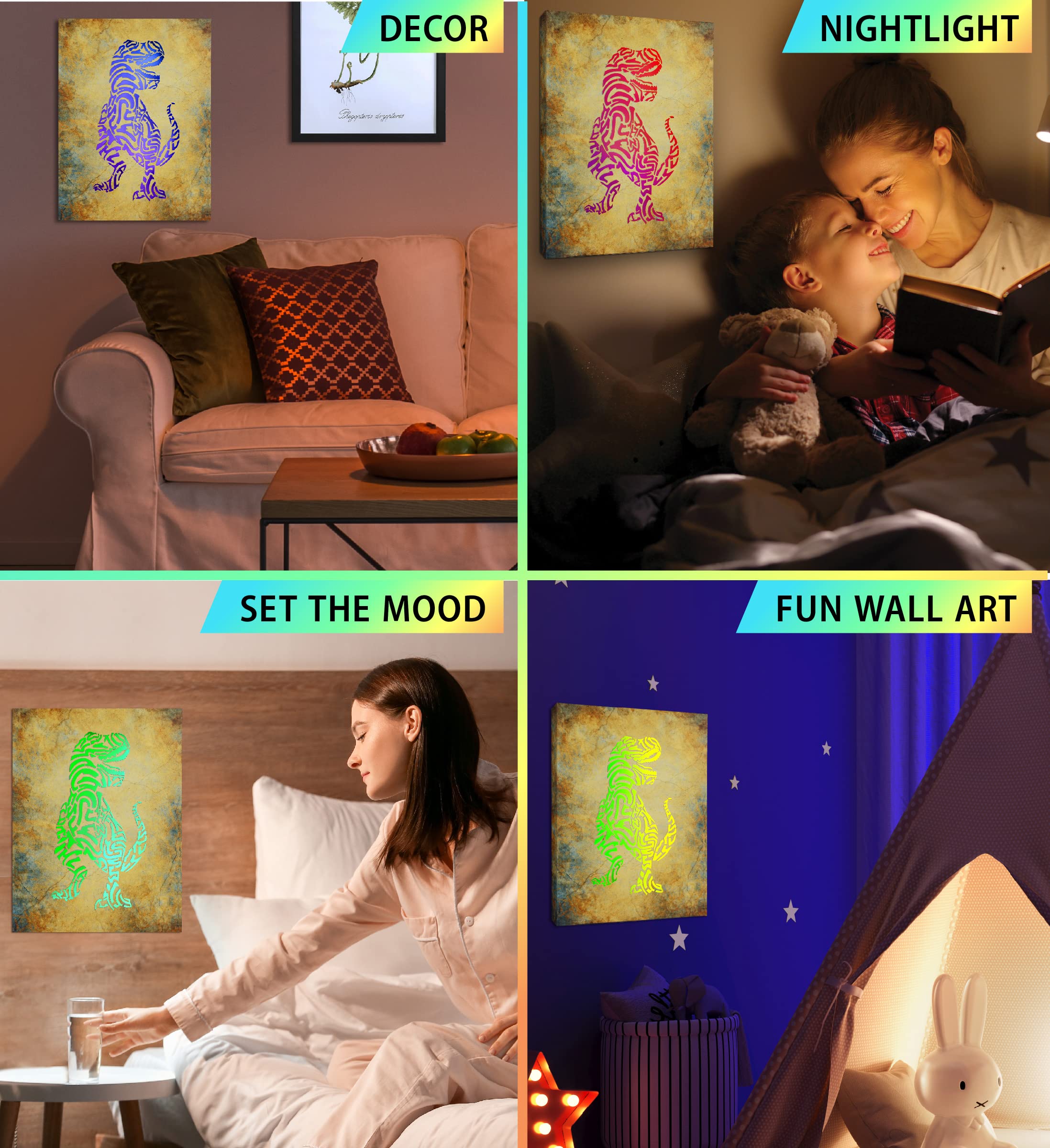 Cota Global T-Rex Dinosaur Light Up Led Wall Art - Fun Changing Color Led Light Up Picture Art For Bedroom, Modern Wall Hang Liv