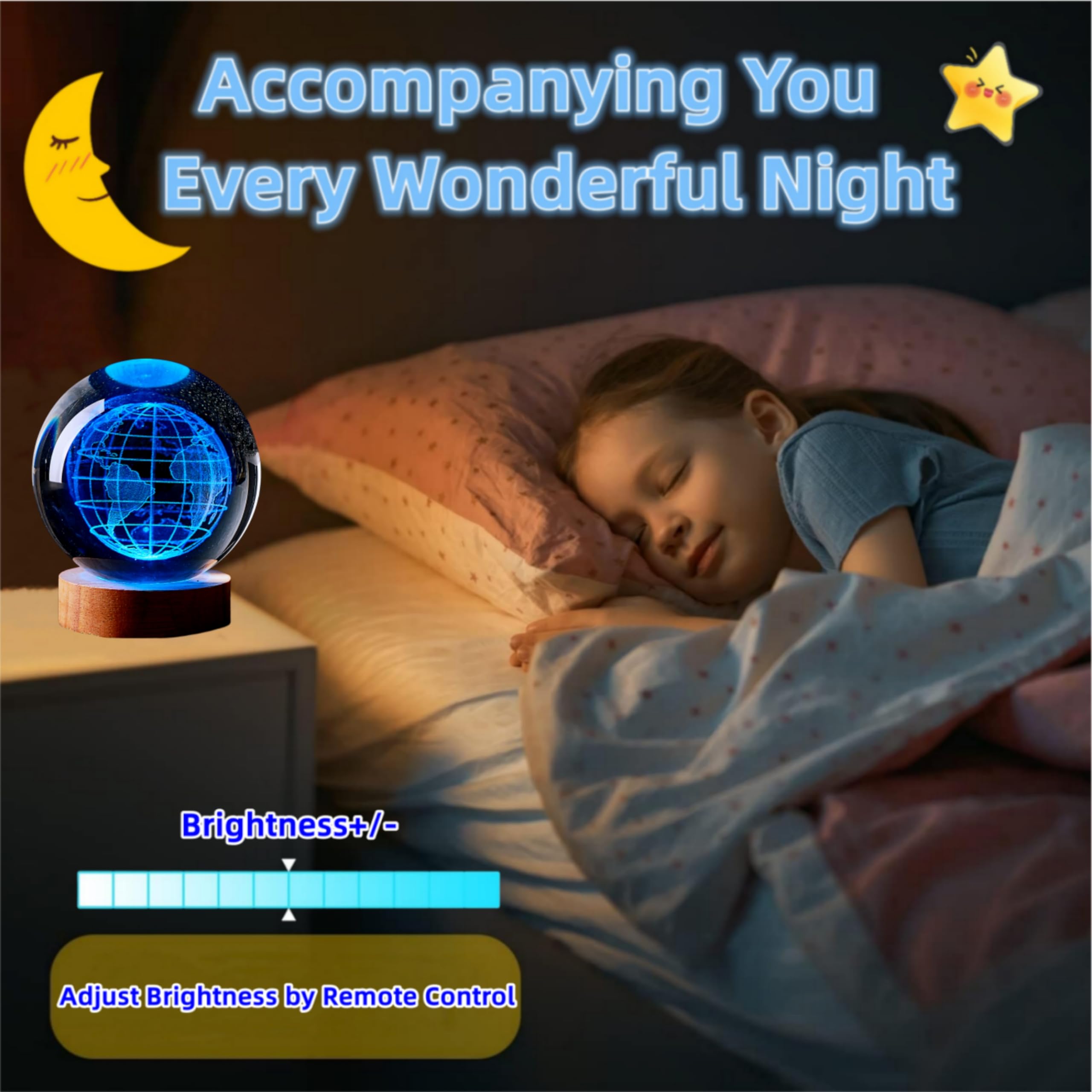 3D Earth Crystal Ball Lamp,3.15 Inch K9 Crystal Ball Night Light With Wooden Base,Lifelike 3D Led Night Light,16 Colors Changing