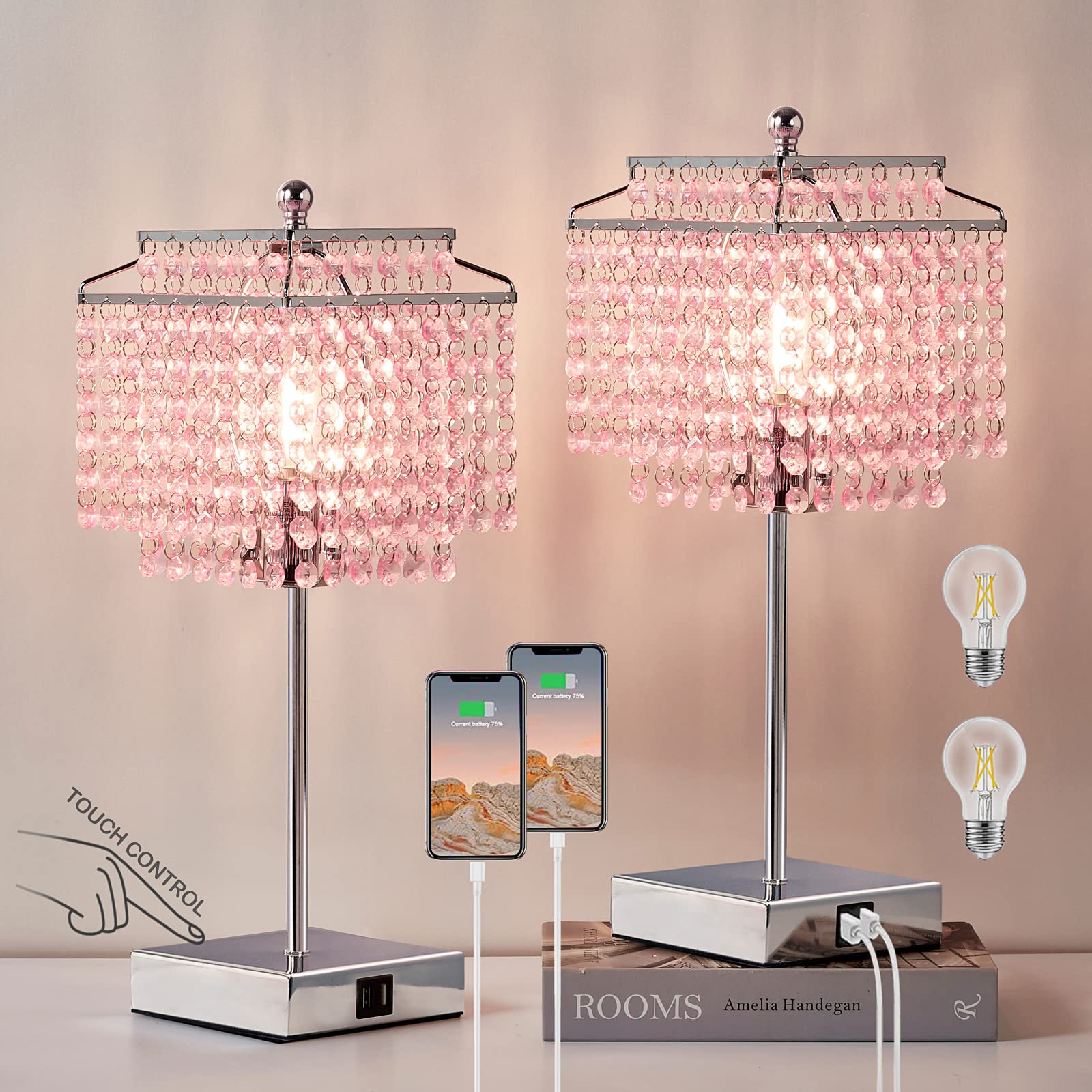 Luvkczc Set of 2 Bedside Pink Crystal Table Lamp, Touch Control 3-Way Dimmable Lamp with Crystal Shade for Bedroom, Girl Living 