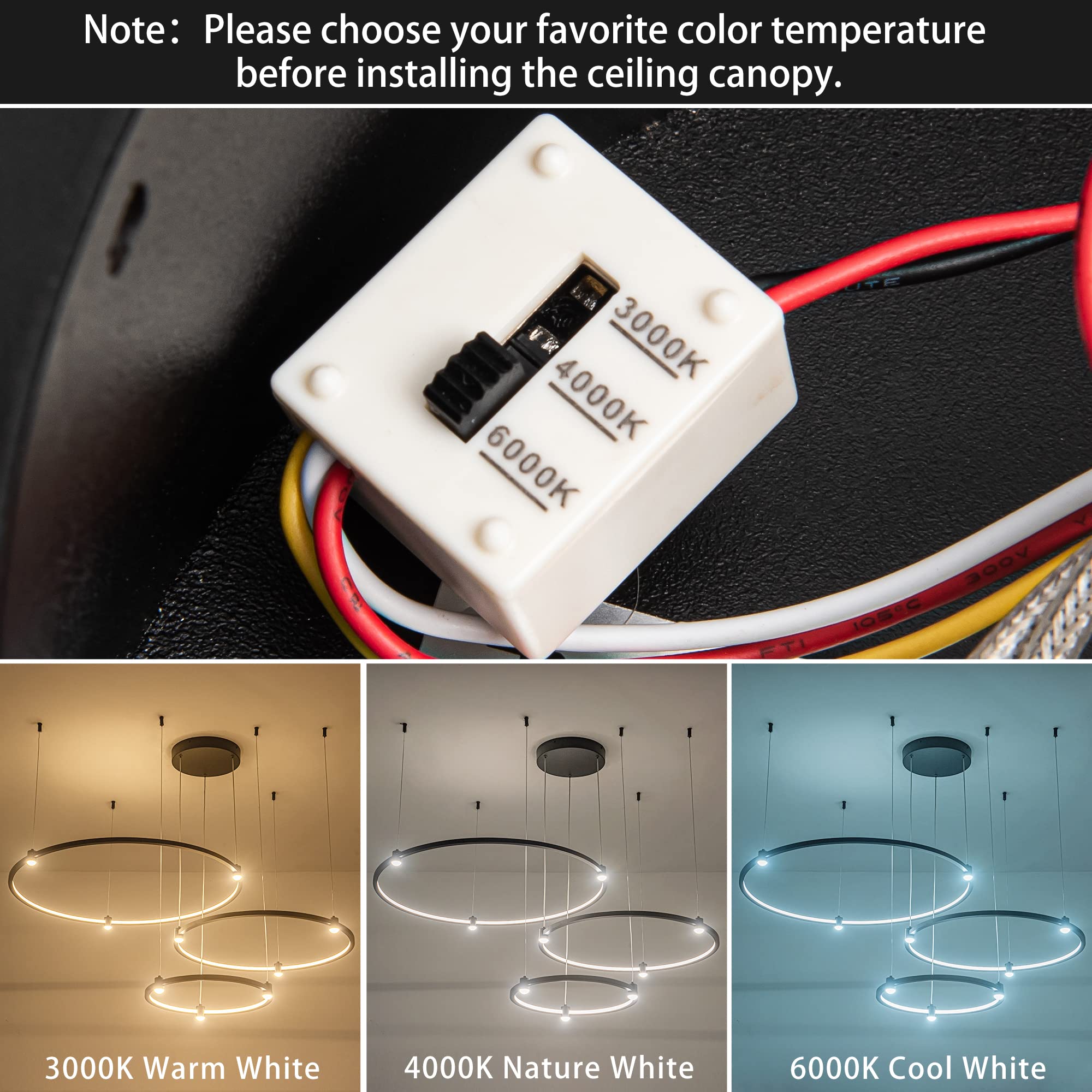 SUNMOO Modern LED Chandelier Pendant Light, 3-Rings Dimmable Aluminum, 3000K-6000K, Black for Kitchen Island, Dining Room, Office