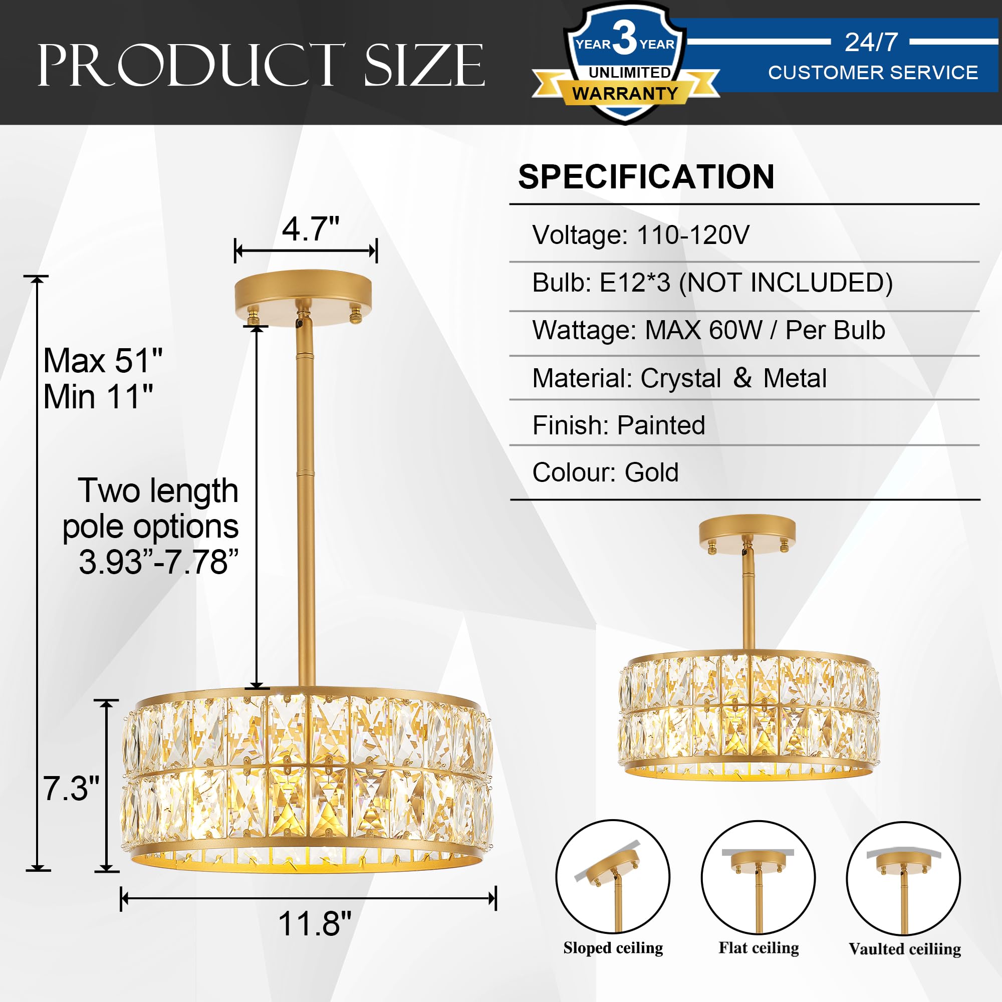 Salaiwei 12    3-Light Modern Crystal Chandeliers Gold Dinning Room Light Fixture, Round Pendant Light Kitchen Island Chandelier