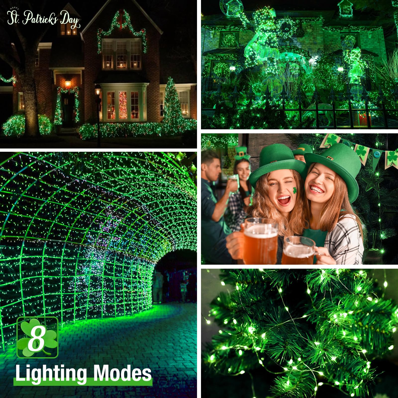 Btfarm 4 Pack St Patricks Day Fairy Lights, 320Led 132Ft Green Solar String Lights Outdoor Waterproof, 8 Modes Solar Twinkle Lights Irish Decorations For Tree Party Christmas Garden Yard Wedding