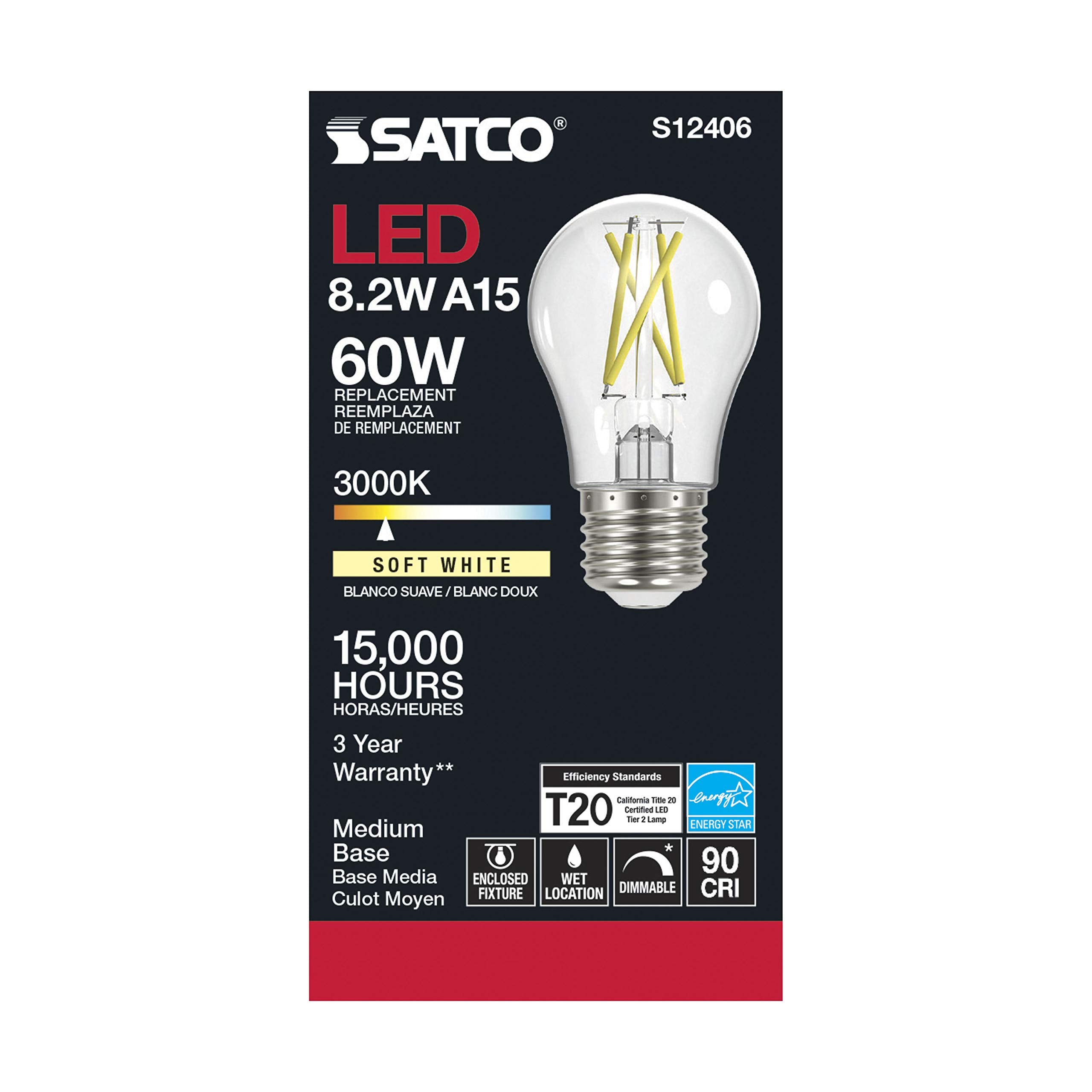 Satco Vintage Dimmable LED Filament Bulbs, 8.2W, A15, Soft White 3000K, Model S12406, 120V, 6 Pack