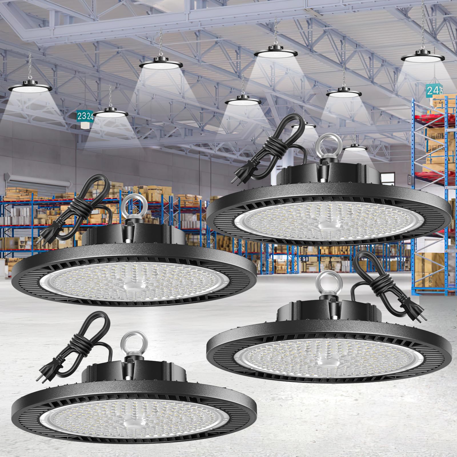 Gugsey Led High Bay Lights 200W - 28000Lm 5000K Super Bright Waterproof Led Shop Lights With Plug 5' Cable And Hook Ring, Led Garage Light For Factory Gym Warehouse Workshop(4 Pack)