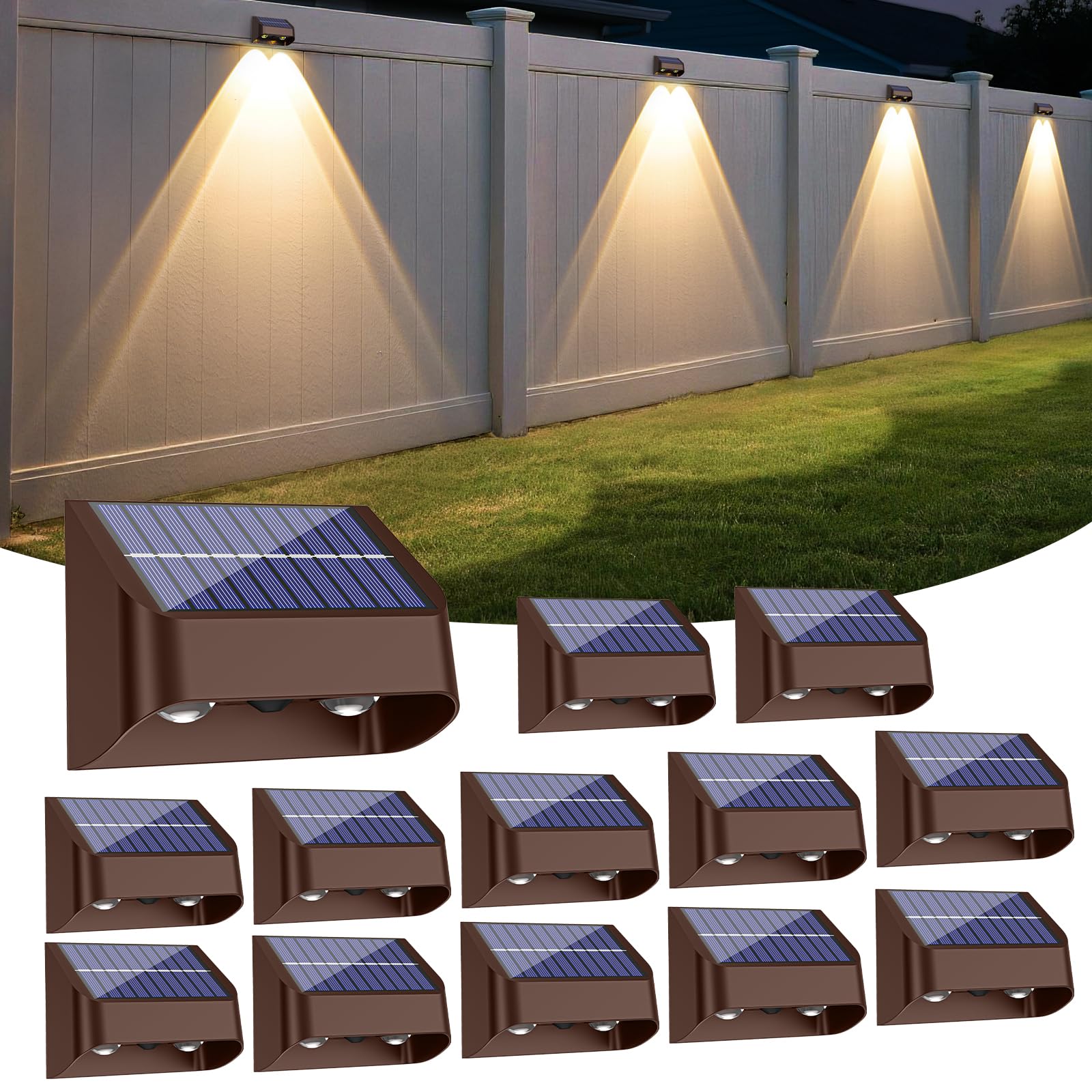 FLITI Solar Fence Lights - 3000/4000/6000K, Waterproof, Dusk to Dawn, 12 Pack, Model swv-3108, Brown