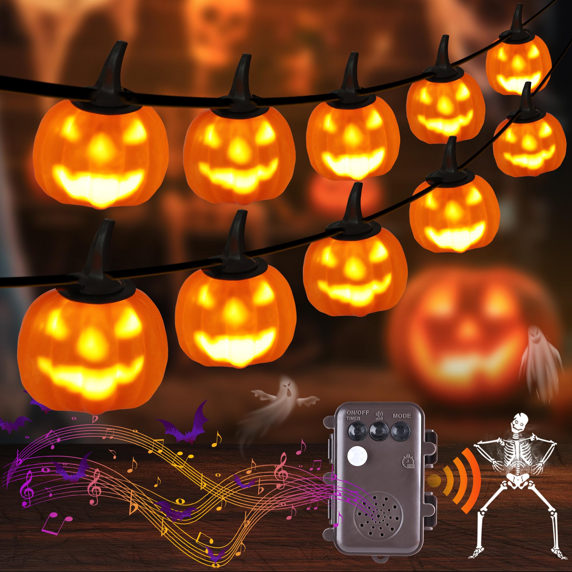 Jnaurb Motion Sensor Halloween Pumpkin Lights, 10 LED, 8.8ft, Waterproof, 6 Modes, Orange