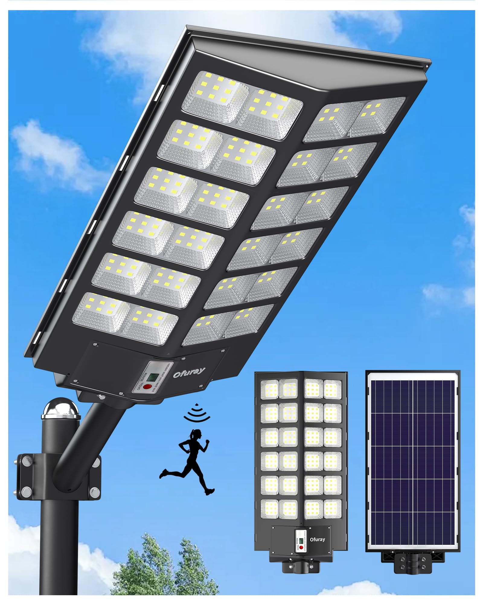 Ofuray Solar Street Lights Outdoor Solar Security Flood Lights Parking Lot Lights Commercial Dusk to Dawn  6500k Waterproof Led with Remote Control Motion for Street Court Barn (Of-9600W 660000Lm)