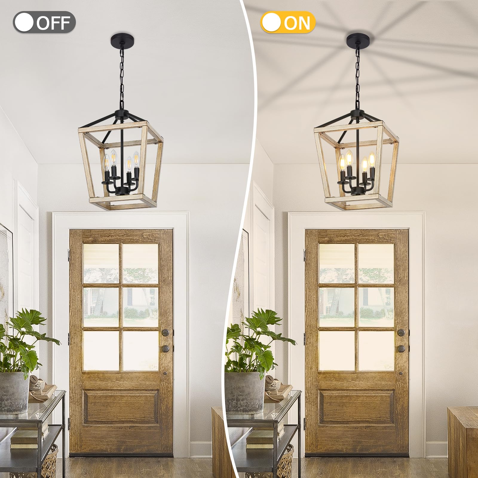 Seaside Village 4 Light Chandelier, Brushed Rustic Oak, Adjustable Height, Geometric Metal Cage for Kitchen Island, Dining Room, Living Room
