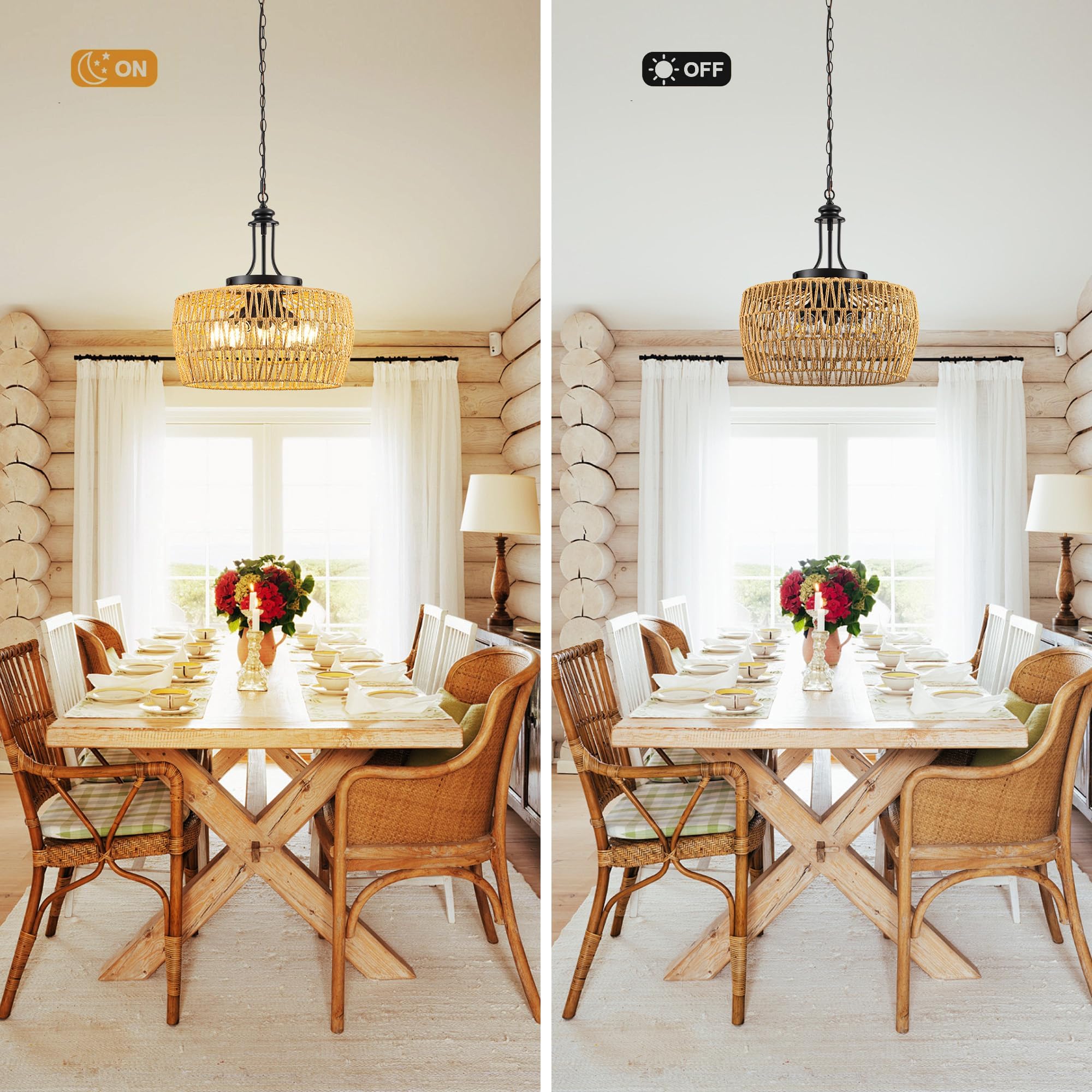 Leip 18.1'' Boho Rattan Chandelier - 5-Light Handwoven Farmhouse Pendant Light For Kitchen Island, Dining Room, Living Room - Ad
