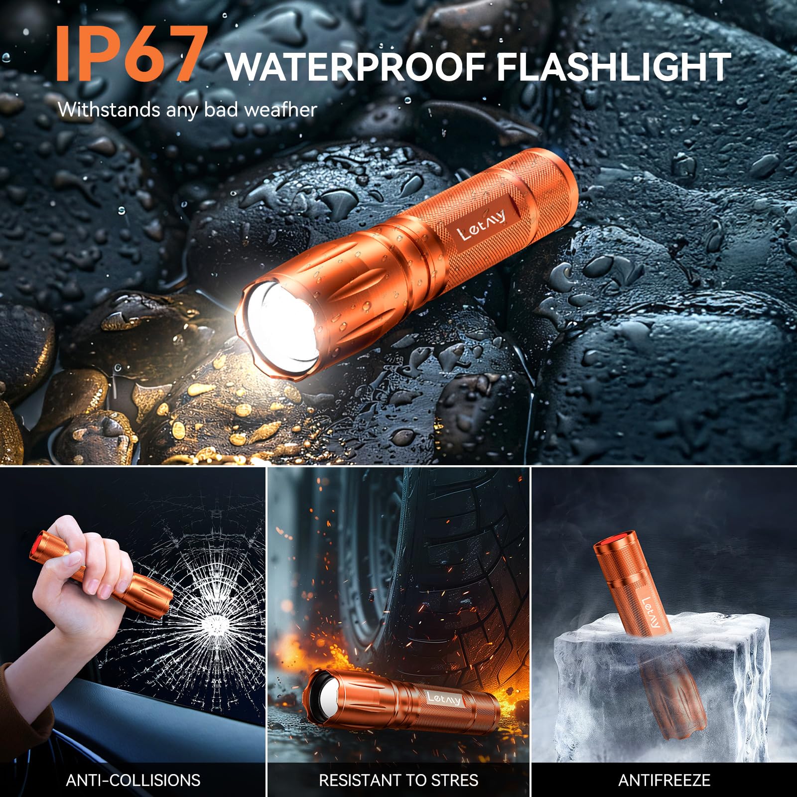 Letmy Tactical Flashlight S2000-2 Pack Bright Military Grade Led Flashlights High Lumens - Portable Handheld Flash Light, 5 Modes Zoomable Waterproof Flashlights For Home Emergency Camping- Orange