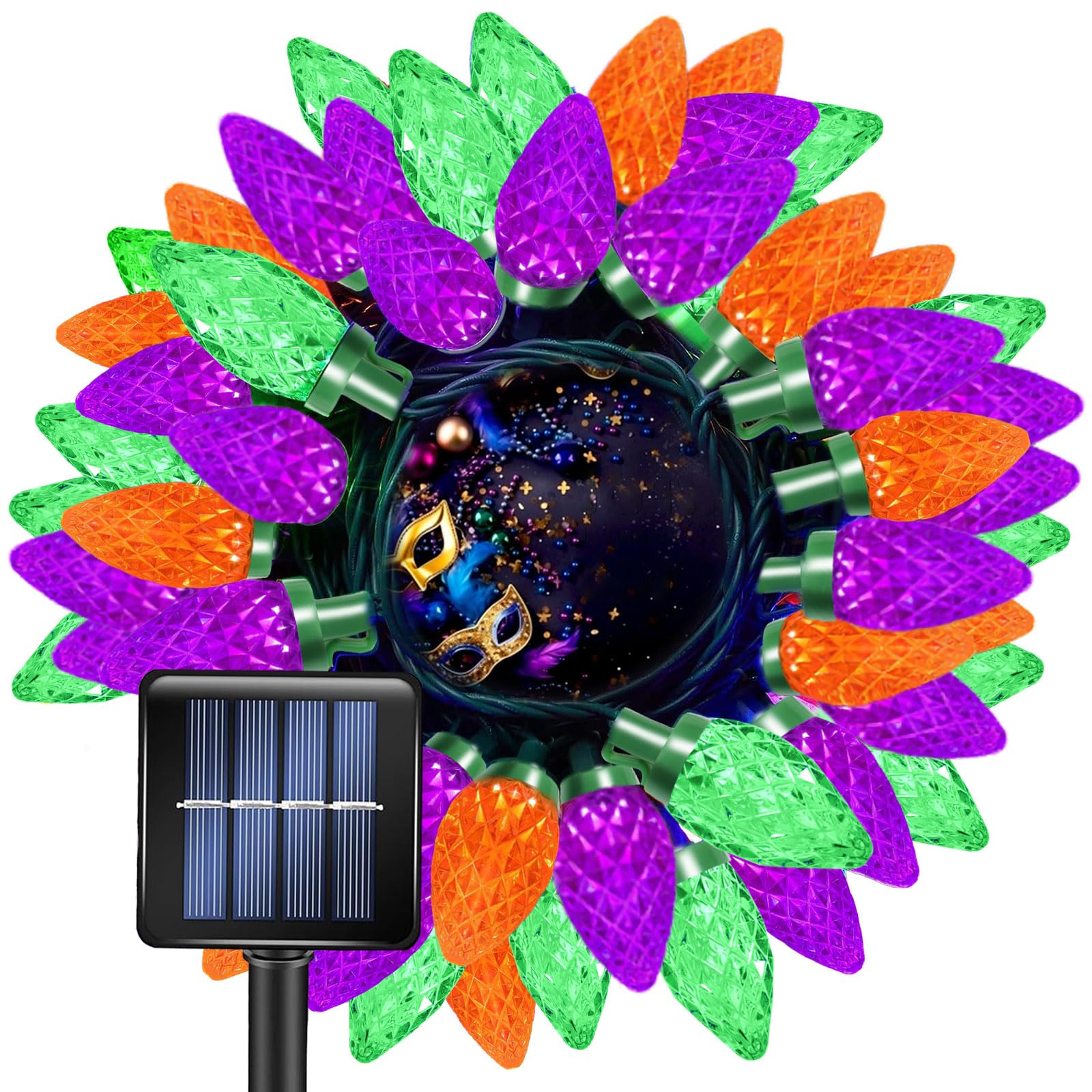 L LAMPOP Mardi Gras String Lights C7 50L Halloween Solar Lights Outdoor Yellow Green Purple Light Outdoor Lighting with 8 Modes 