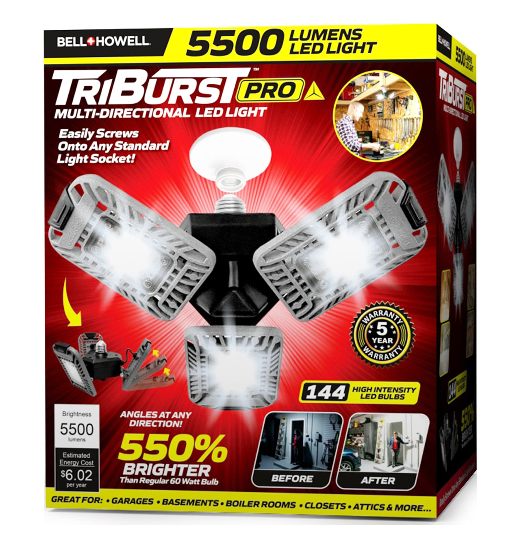 Bell+Howell TRIBURST Deluxe Lighting, 144 LED Bulbs, Multi-Directional, Gray, Model 7123, 1 Count
