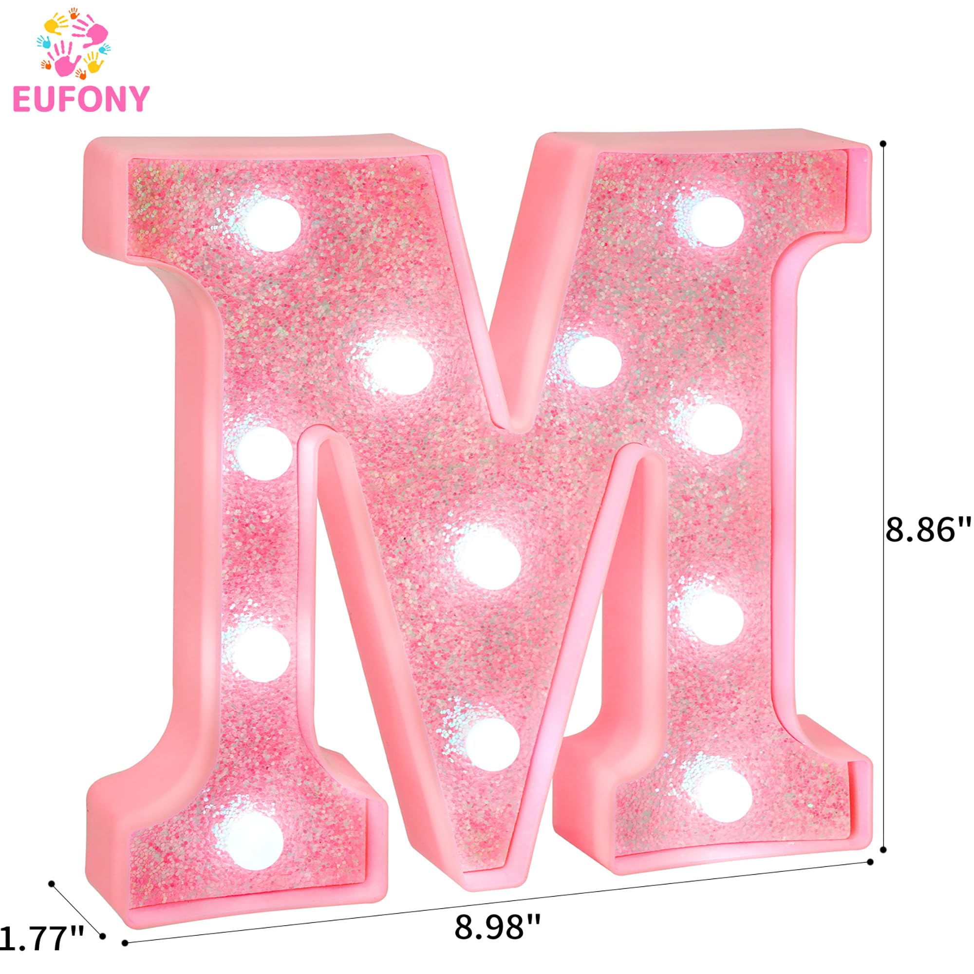EUFONY Pink Glitter LED Marquee Light Up Letter M with Cool White Lights, Battery-Powered Alphabet Letter Sign for Girls Gift, B