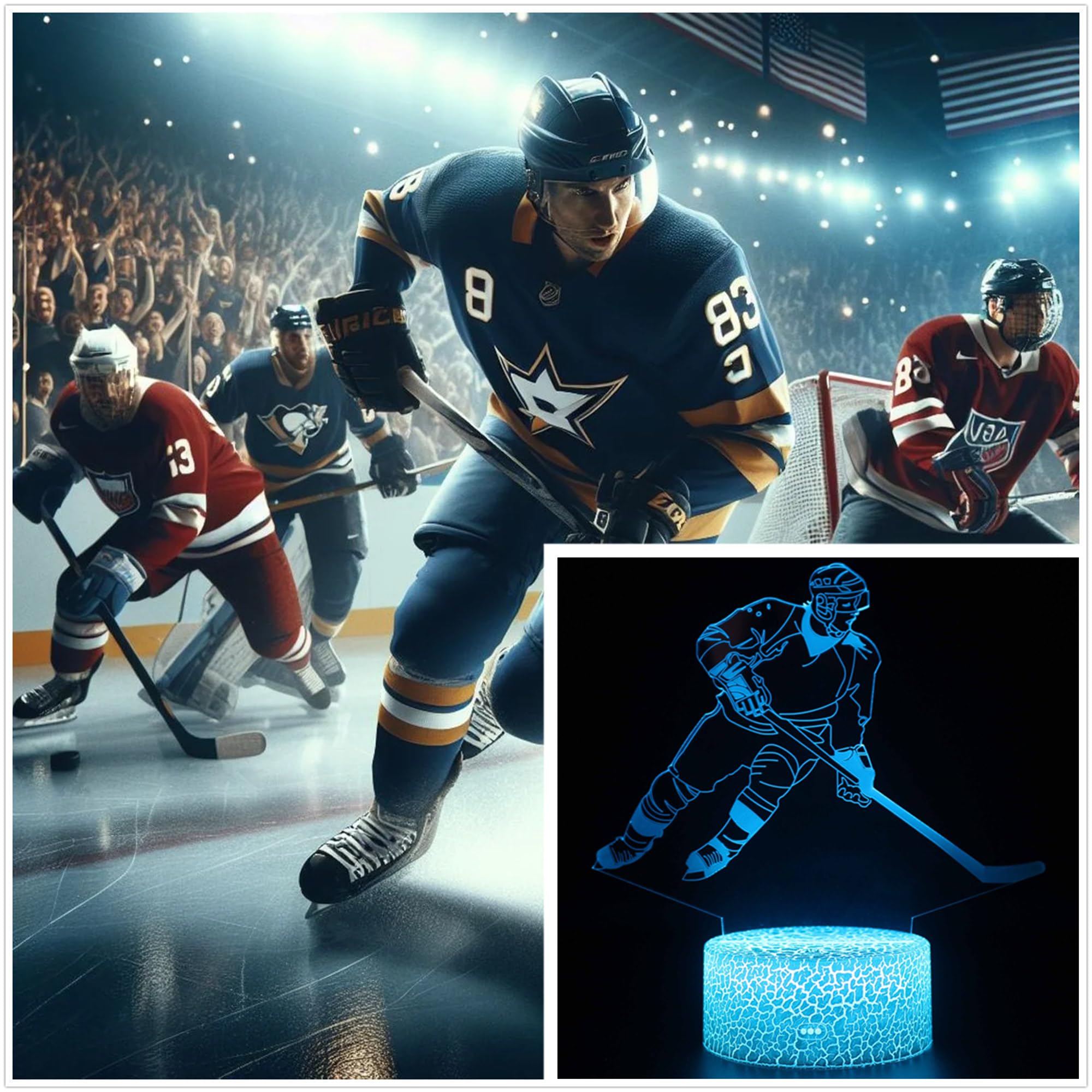 Kenmaca Ice Hockey Player Night Light For Kid Boy Girl Bedroom Decor, 3D Illusion Lamp 3 Patterns 16 Colors Changing Dimmable, T