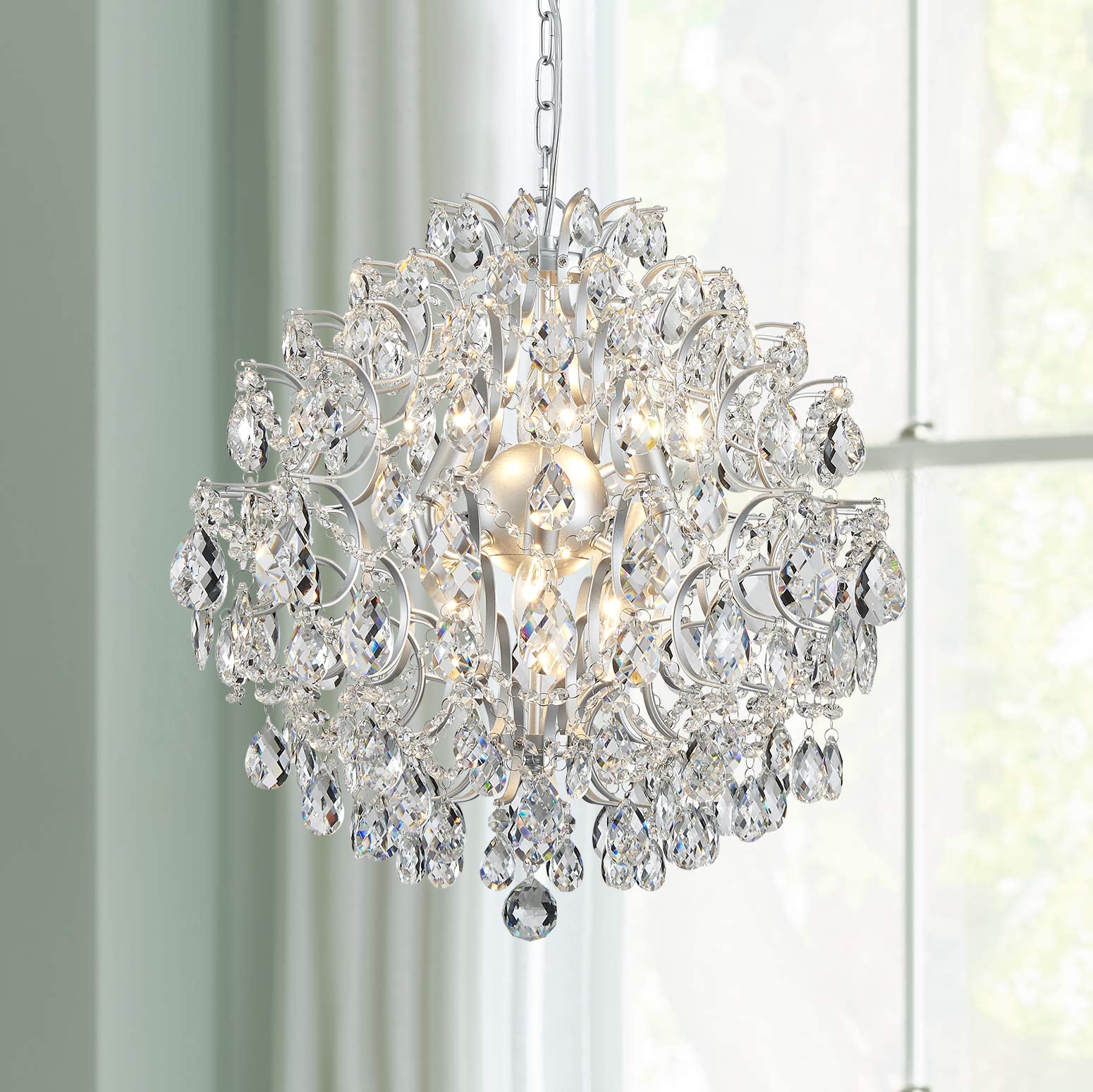 Bestier Silver Modern Pendant Chandelier Crystal Raindrop Lighting Ceiling Light Fixture Lamp For Dining Room Bathroom Bedroom L