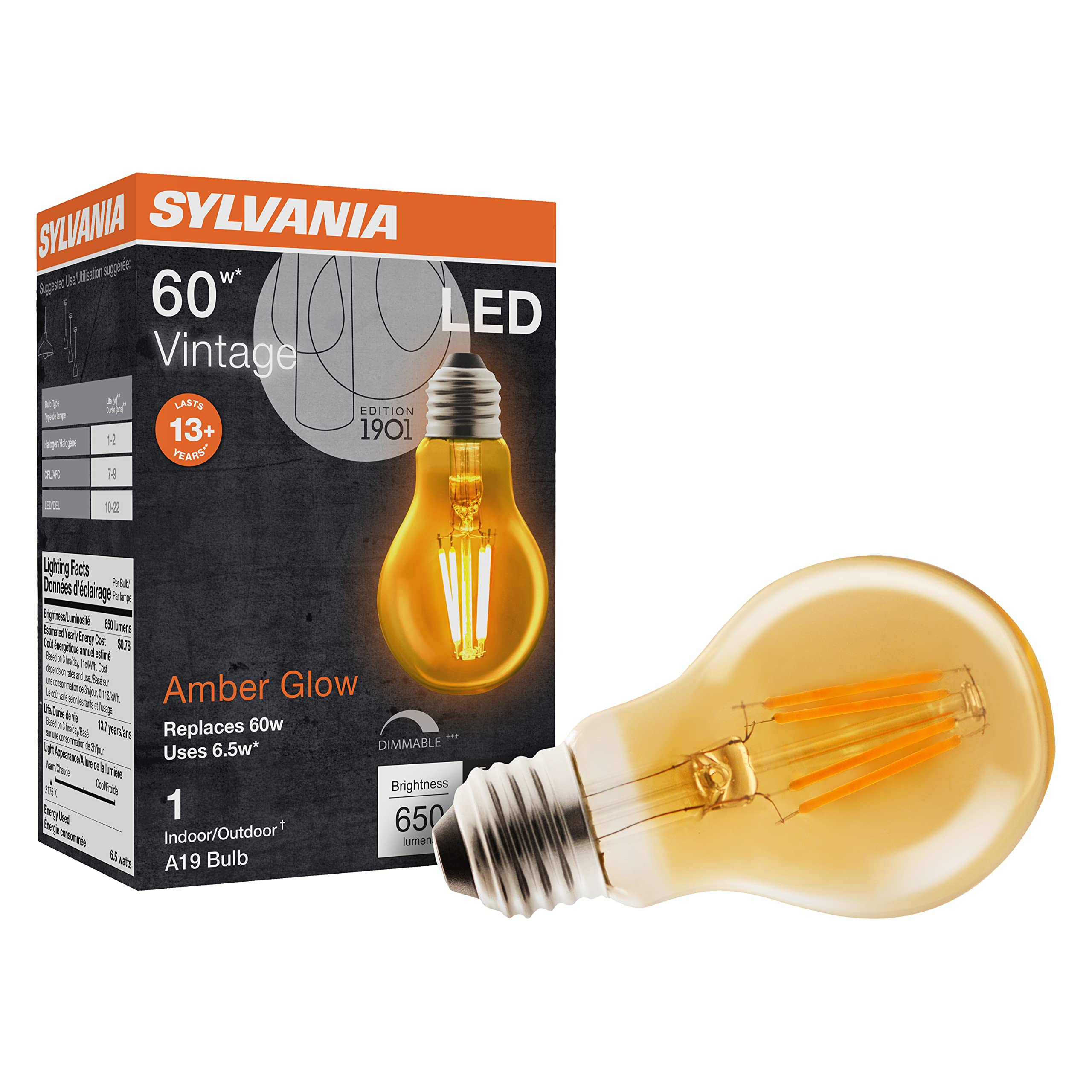 LEDVANCE SYLVANIA Vintage A19 Light Bulb 60W Equivalent 6.5W Dimmable 650 Lumens 1 Pack Amber Glass Model 75349