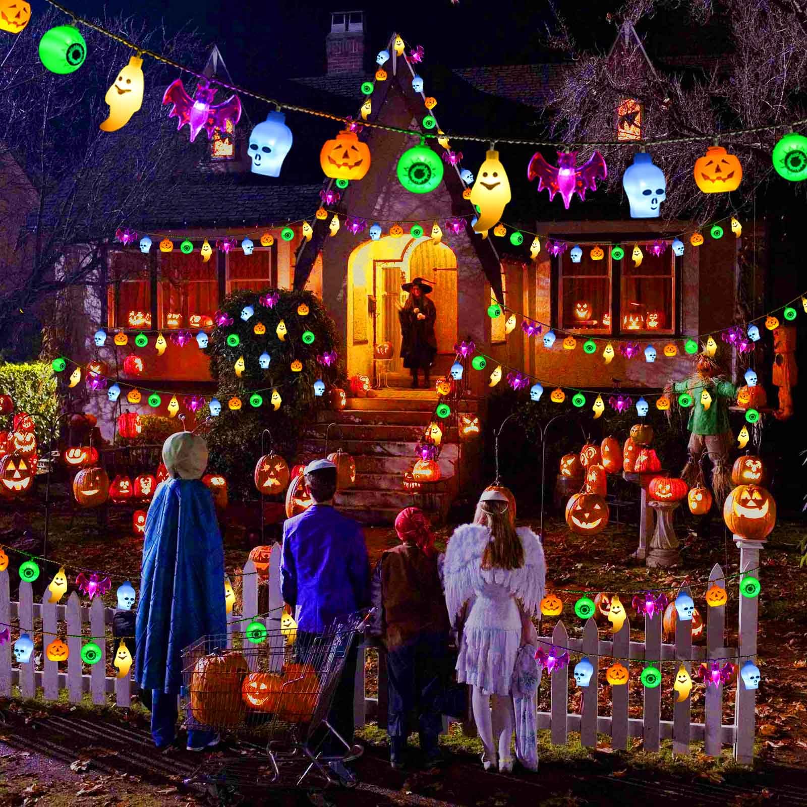 5-In-1 Battery Operated Halloween Lights, Spooky Indoor Outdoor Halloween Decorations,Pumpkin Ghost Skull Bat Eyeball String Lights For Halloween Party Garland Wreath Fireplace Porch Window Door Decor