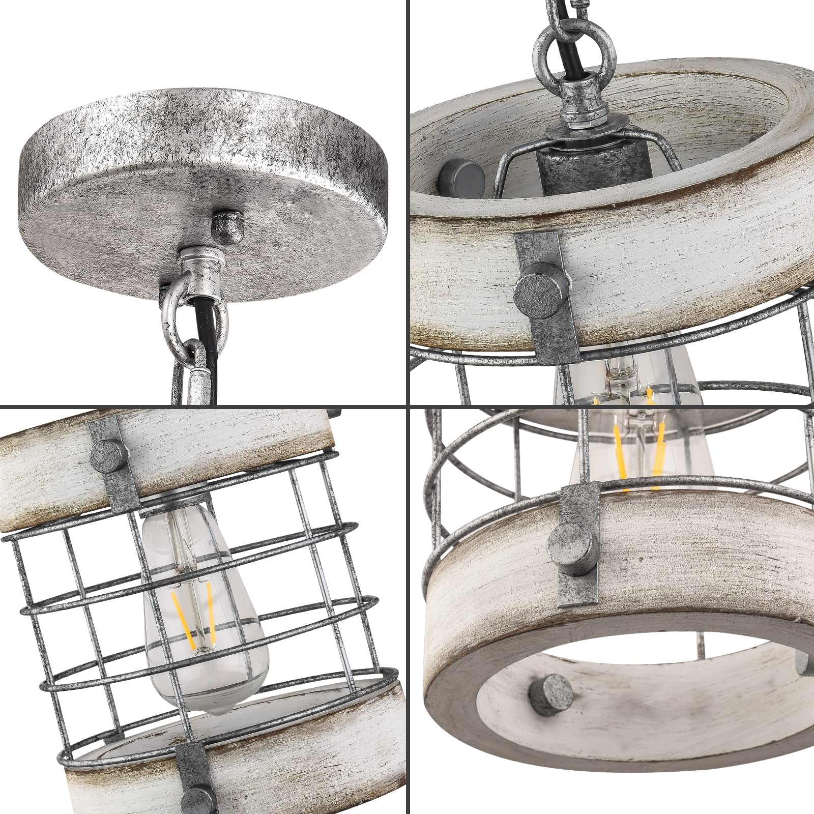 wochos Retro Industrial Metal and Wood Chandelier, 1-Light Pendant Light Fixture for Kitchen Island, White, D 7.9" x H 8.7"