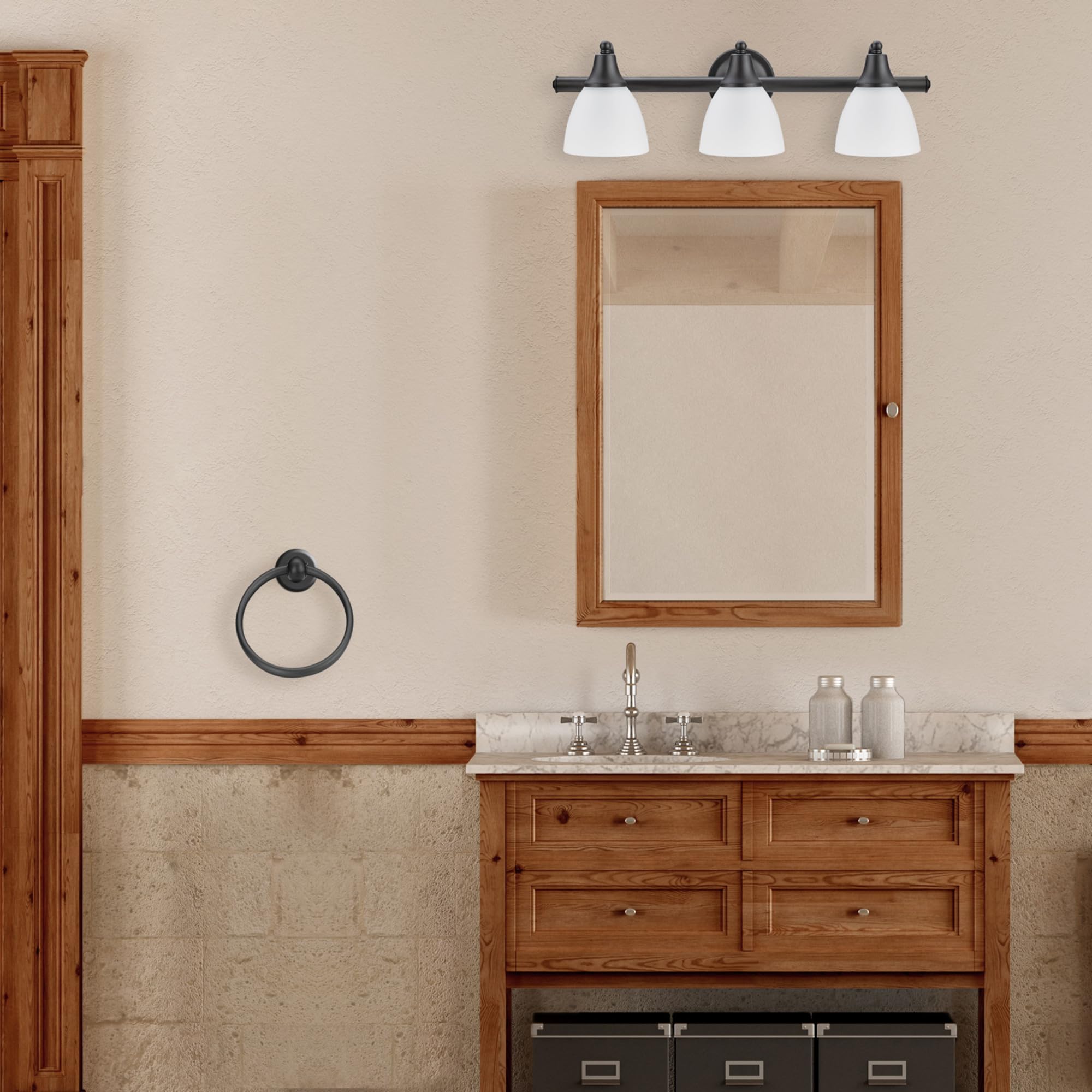 Globe Electric Jayden 5-Piece Bathroom Set, Oil Rubbed Bronze, Frosted Glass, Model 51227, Includes Vanity Light, Towel Bar, and More