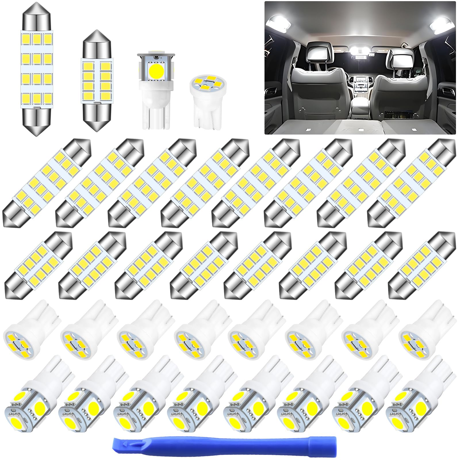 AOICANKI 32 Pieces Dome Light LED Car Interior Bulb Kit Set 194 T10 DE3175 578 - White - Replacement Lights for Indoor Use
