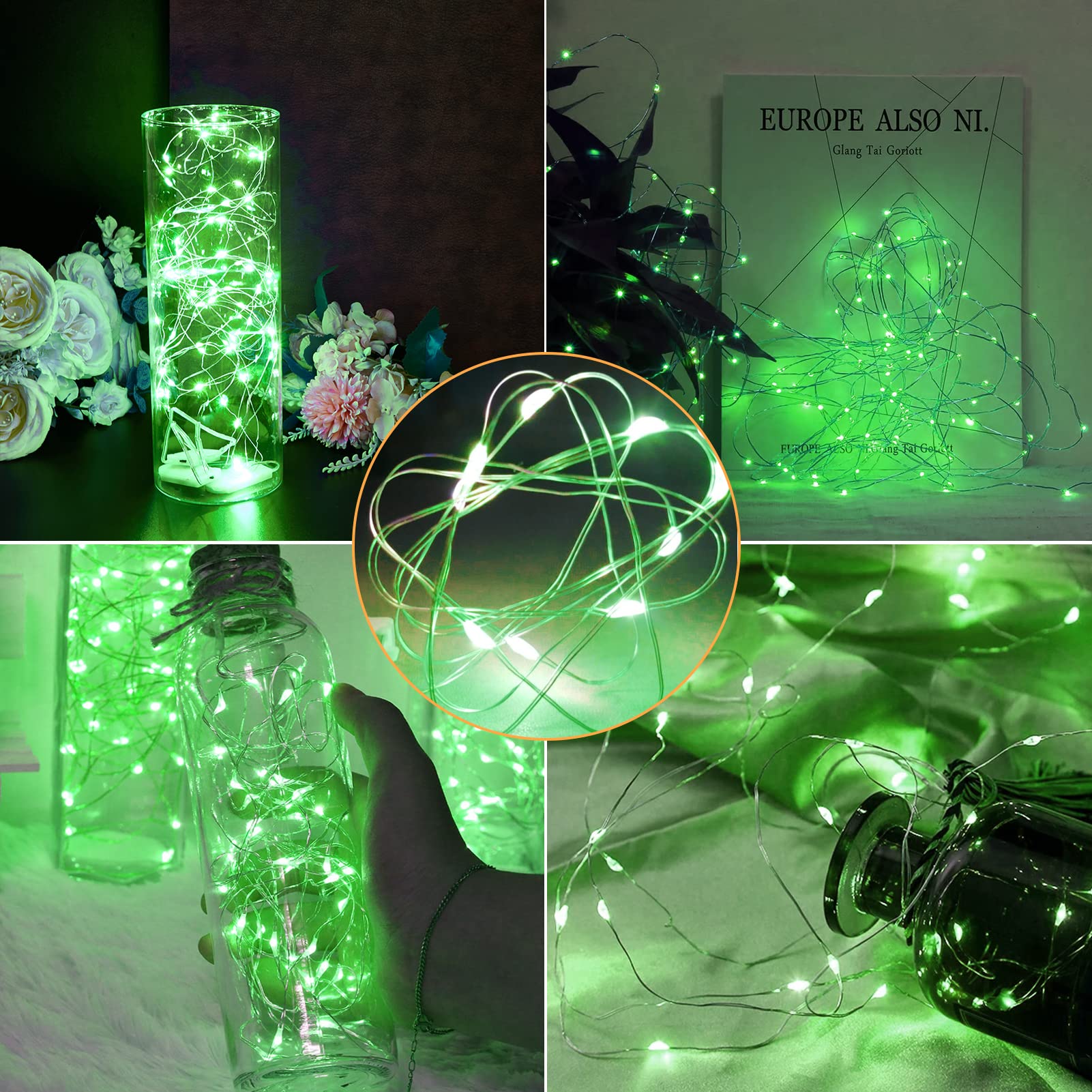 Camantu 12 Pack Green Fairy Lights Battery Operated, 7Ft 20Led Valentines Day Lights Battery Operated Waterproof Silver Wire For Diy Mason Jar Bedroom Party Birthday Wedding Christmas Decorations