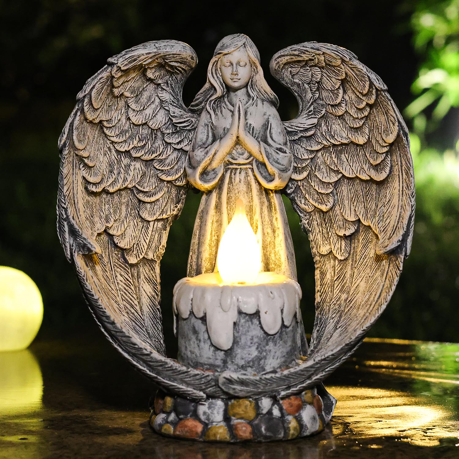 Yiosax Angel Garden Statues Outdoor Cemetery Decorations for Grave Take The Cross Praying Wings Angel Figurine Cemetery Lights Patio Lawn Yard Porch Decorations 10.24 Inch