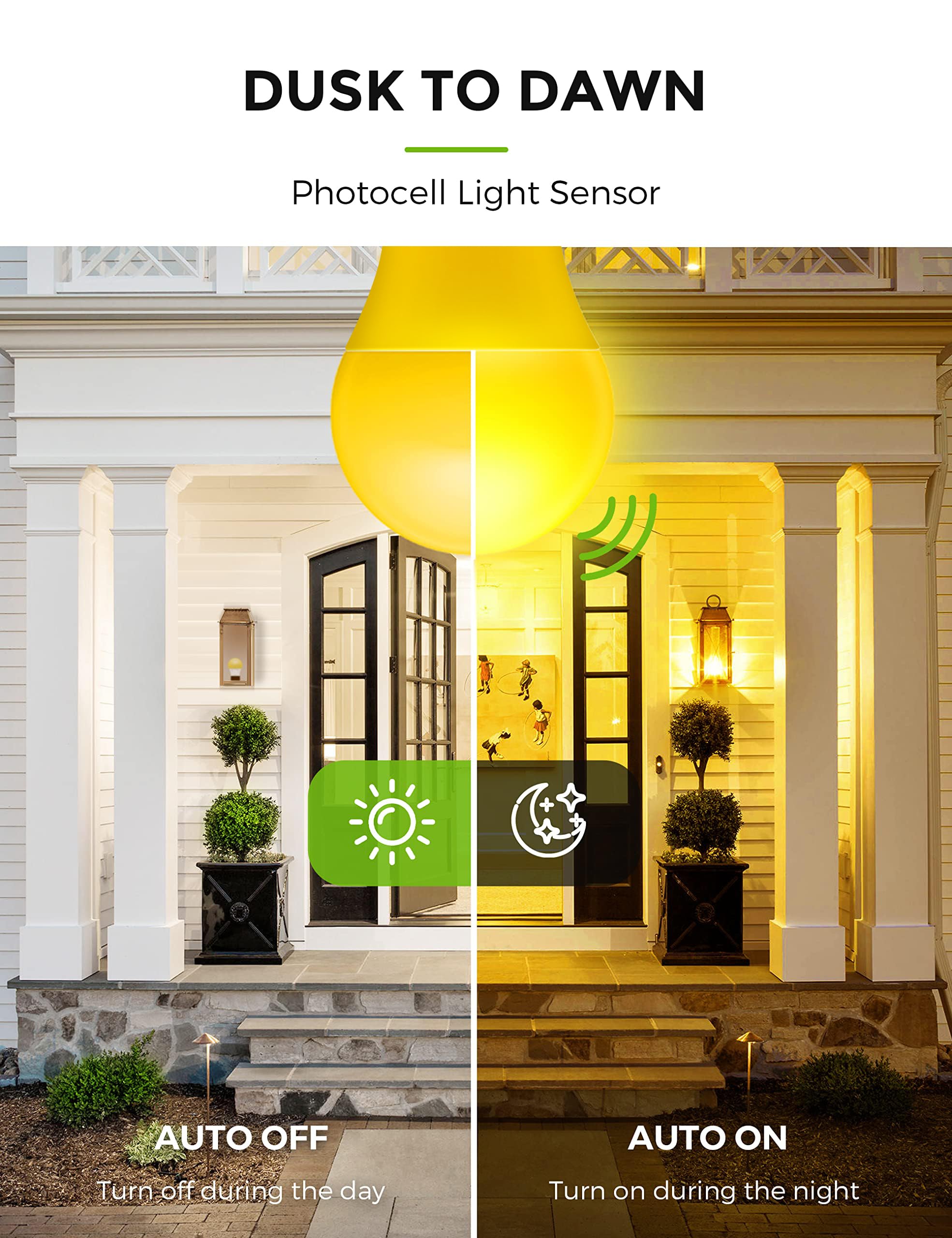 L LOHAS Yellow LED Bug Light Bulbs, A19 9W Auto On/Off, 2000K Amber, E26 Base, 2 Pack