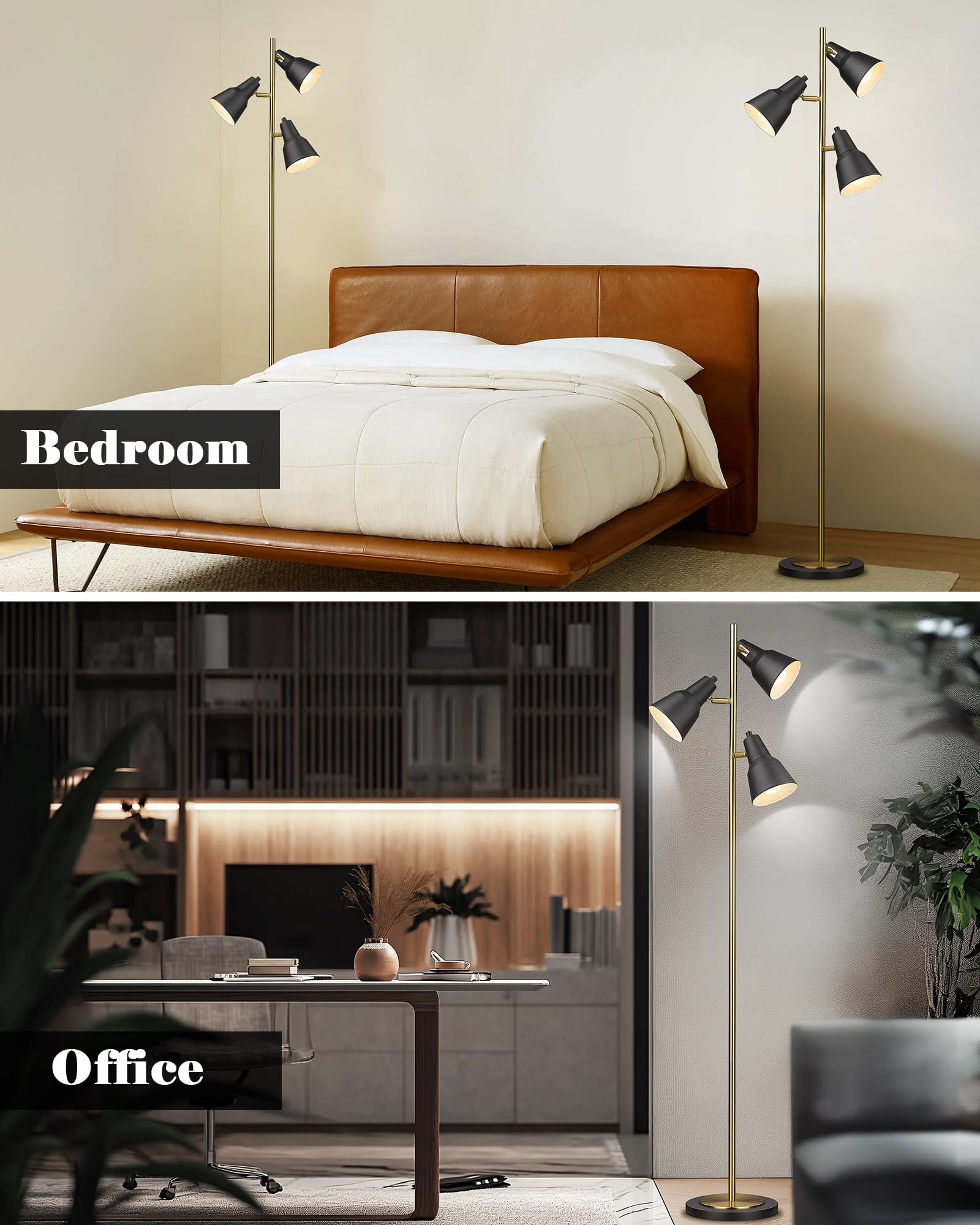 Elyona Gold Tree Floor Lamp With 3 Adjustable Rotating Lights, Industrial Tall Pole Metal Standing Lights With 3 Led Bulbs For L