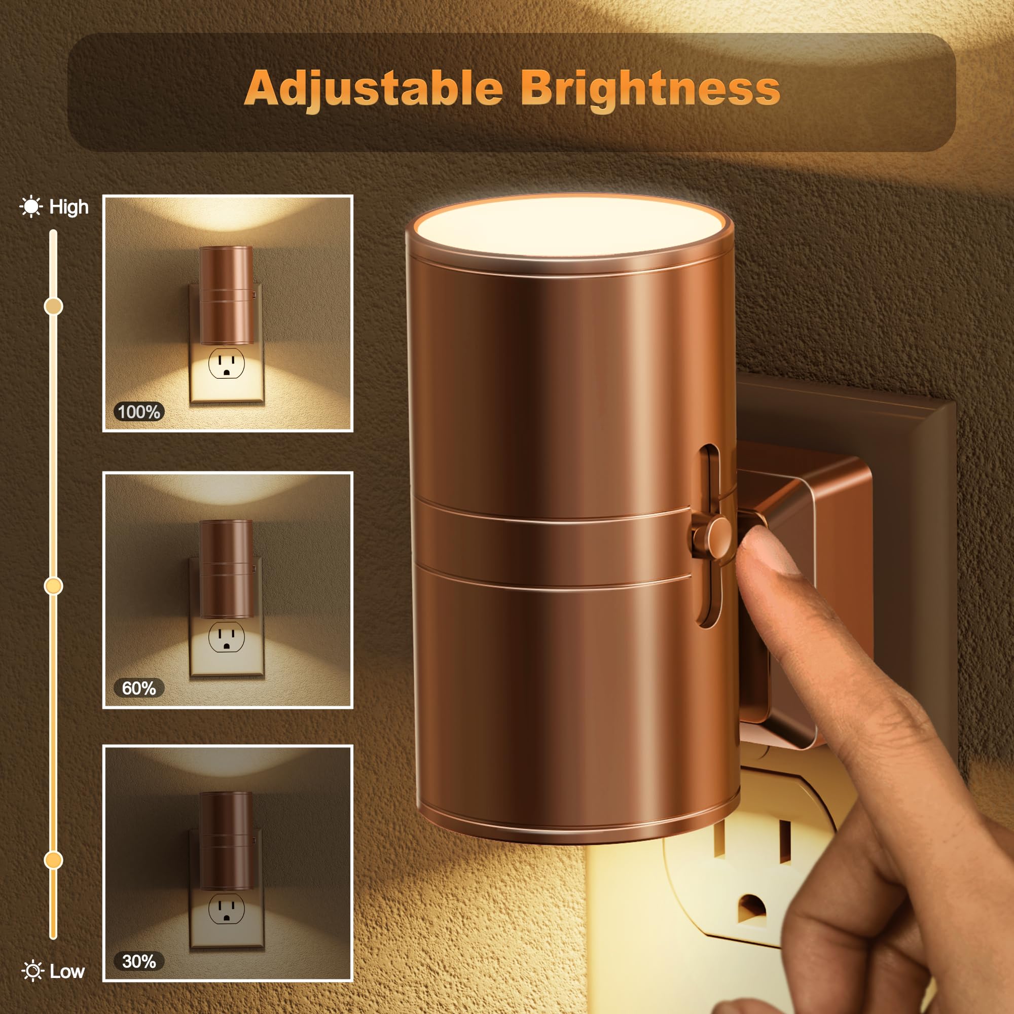 JandCase LED Night Lights, 2 Pack Automatic Dimmable Wall Plug, 3000K Soft White, Gold, Model GY06302FG